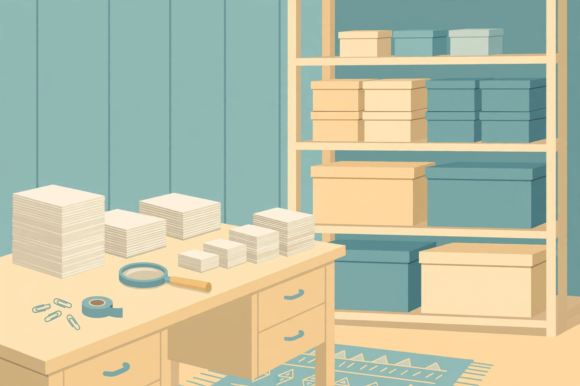 Back-office desk with paper stacks sorted into piles beside a magnifying glass, and shelves of storage boxes grouped by size