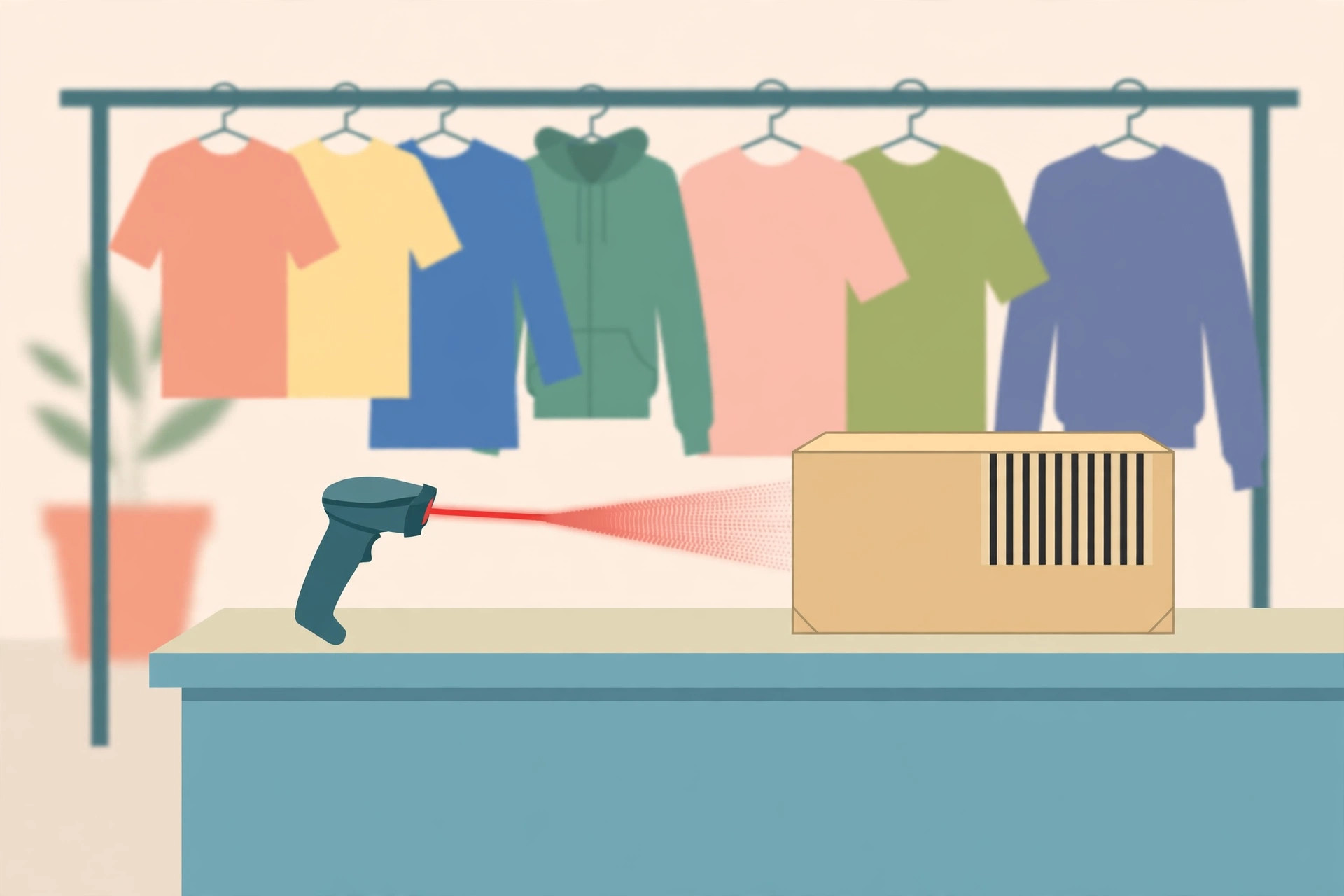 Barcode scanner aiming a red beam at a striped label on a box on a checkout counter, clothing rack behind