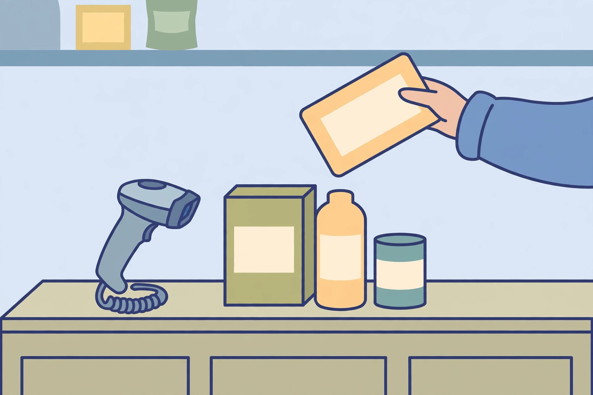 Handheld barcode scanner on a checkout counter beside packaged groceries, a hand holding one package at an angle