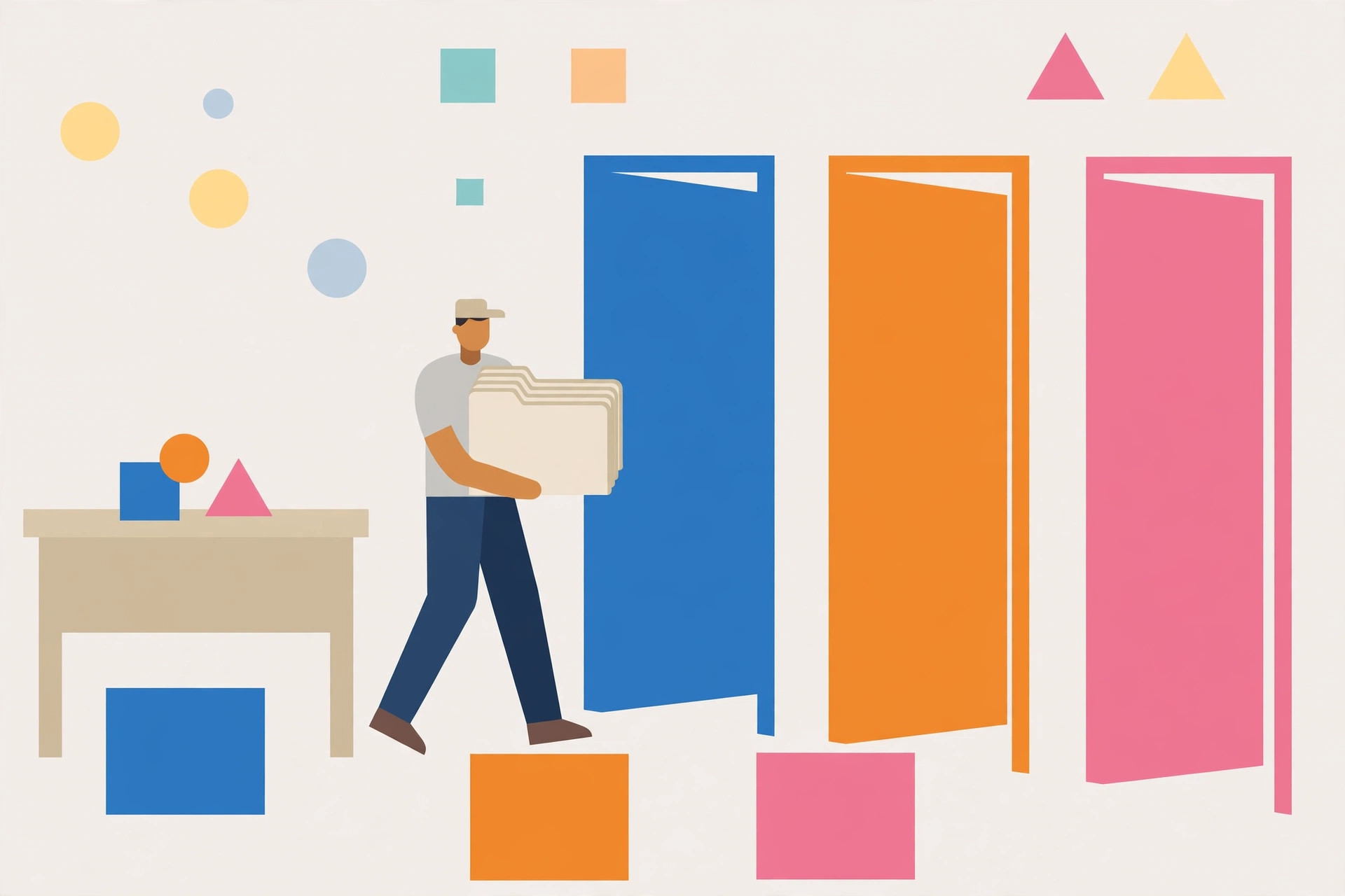 Worker carrying a stack of blank folders toward three tall doorways in blue, orange and pink, flat illustration