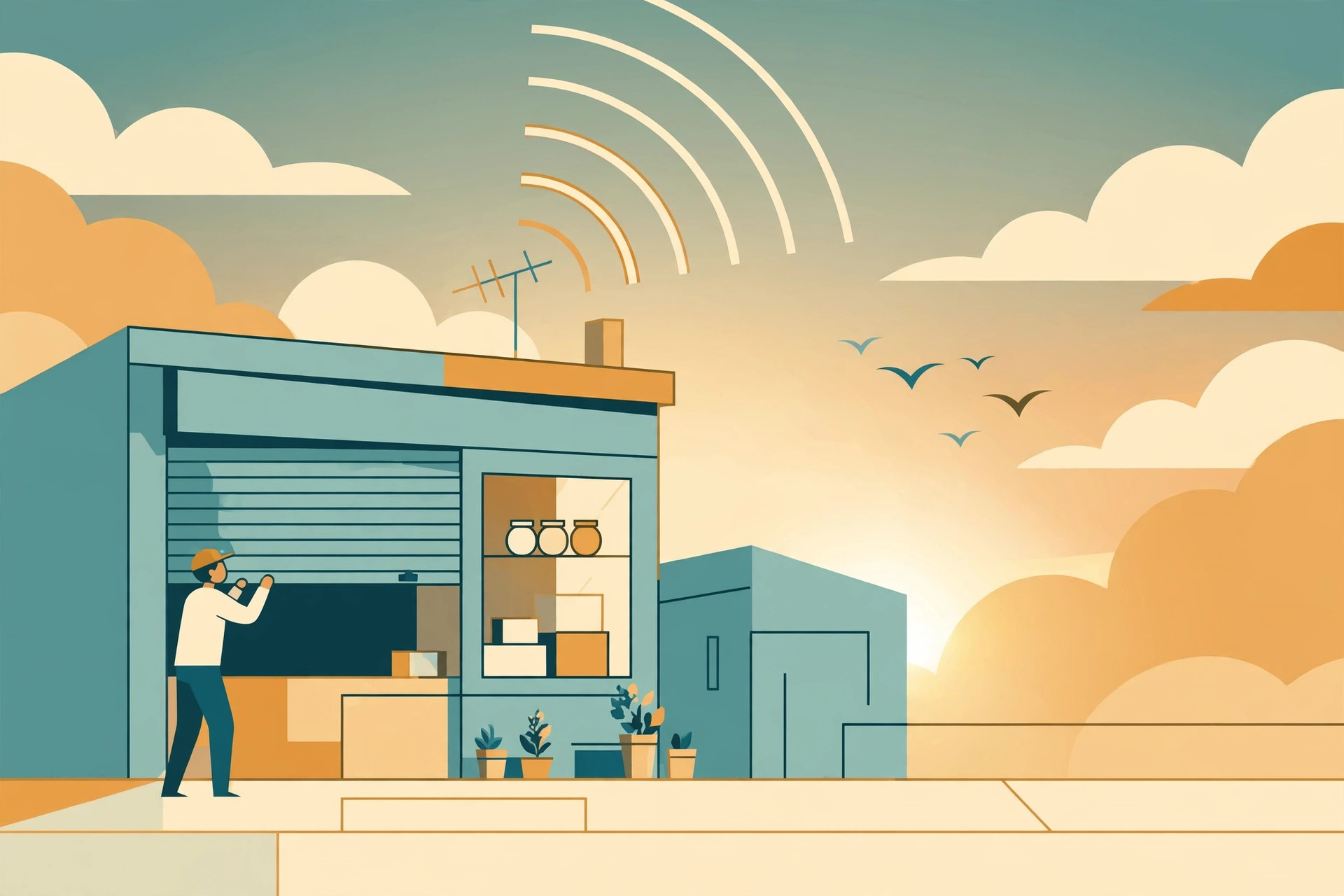 Shopkeeper raising a shop shutter at dawn while signal waves rise from a rooftop antenna into the clouds