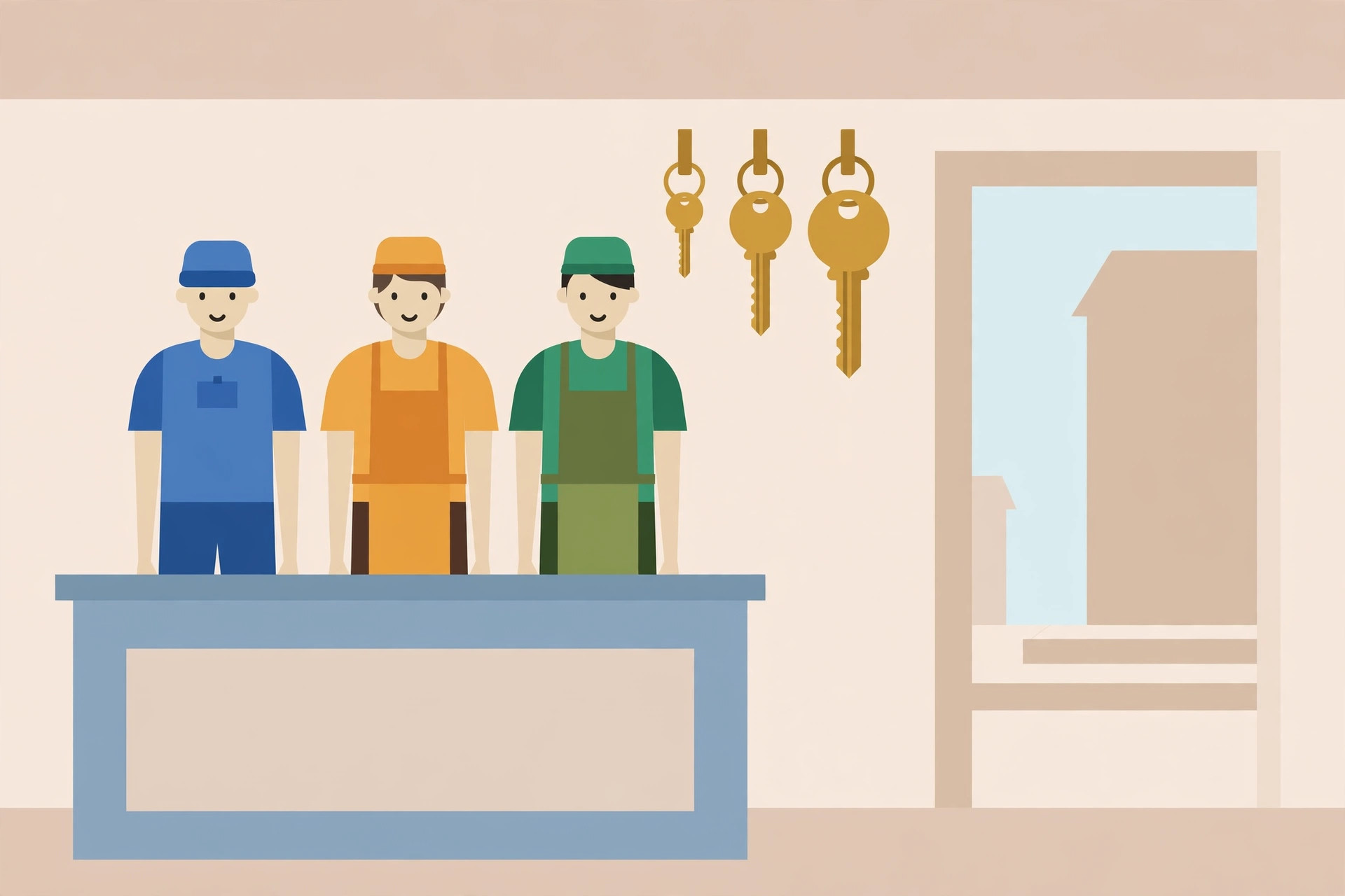 Three retail staff behind a shop counter, three gold keys of different sizes hanging on hooks beside a doorway