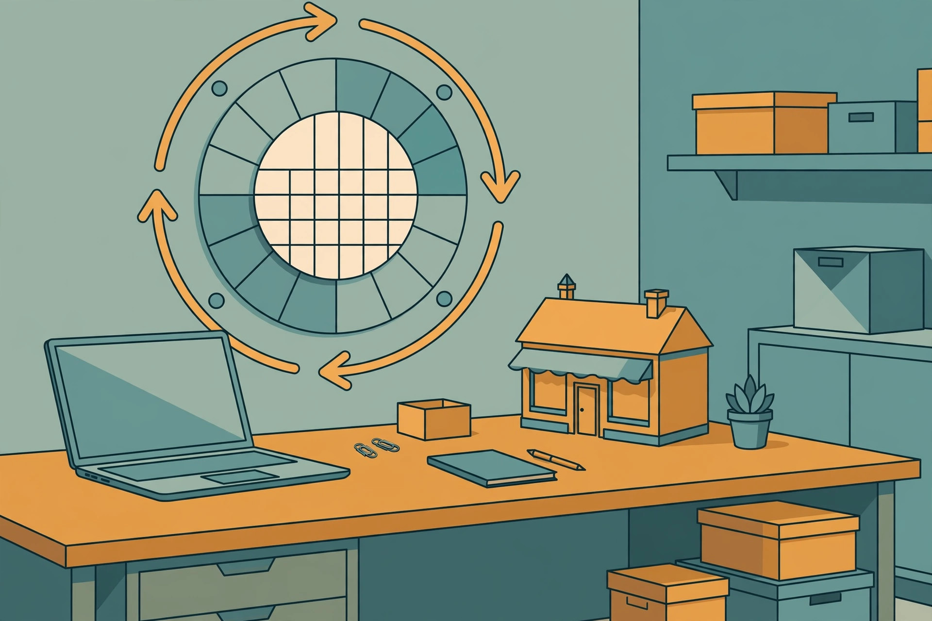 Back-office desk with a laptop, a model shopfront, and a circular calendar ringed by looping arrows