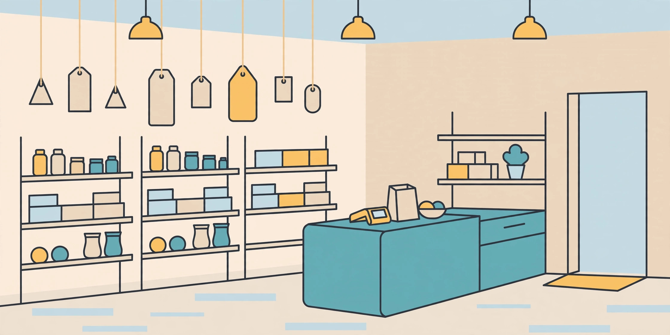 Retail store shelves with blank hanging price tags above a teal checkout counter