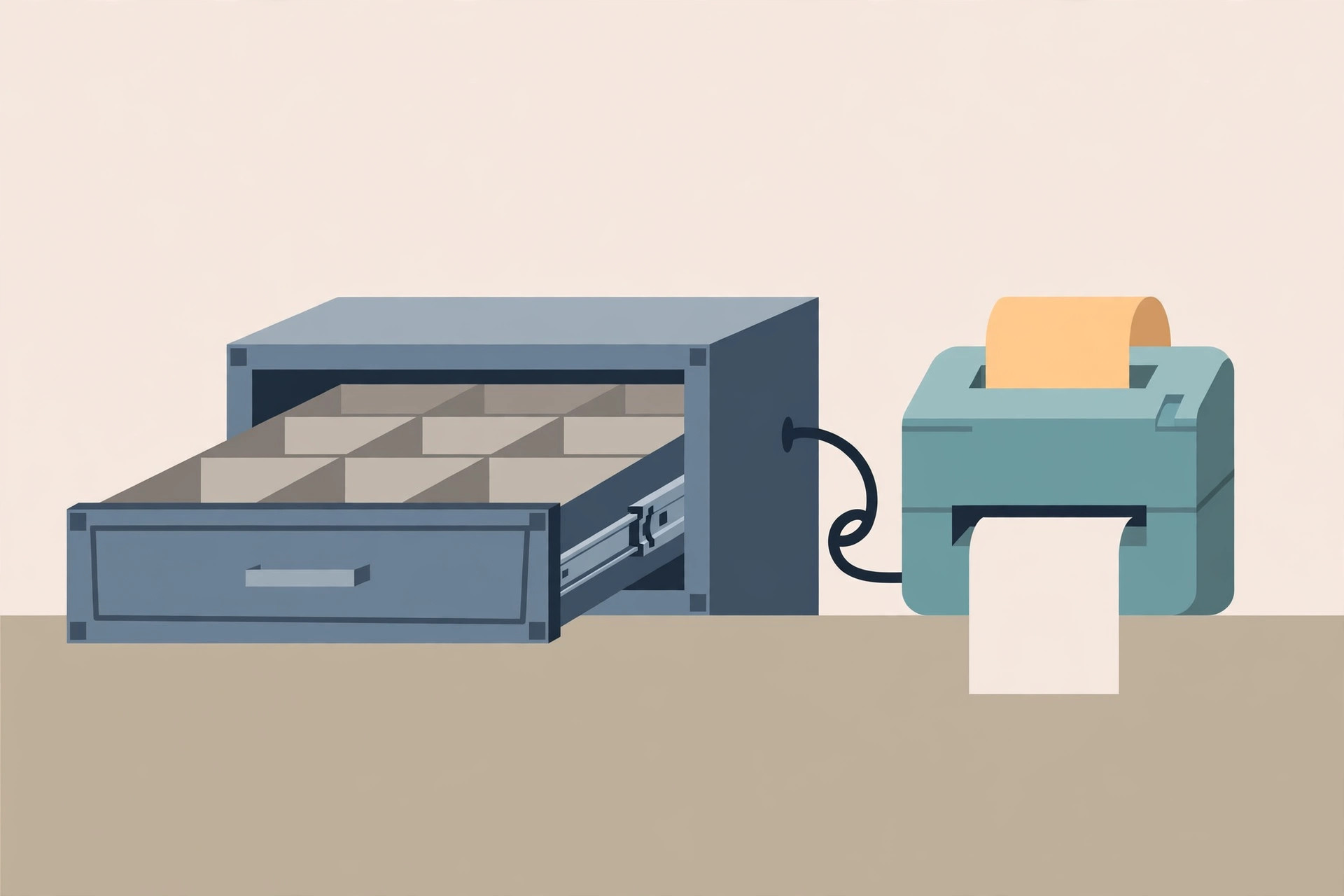 Open cash drawer with empty till compartments cabled to a receipt printer on a counter