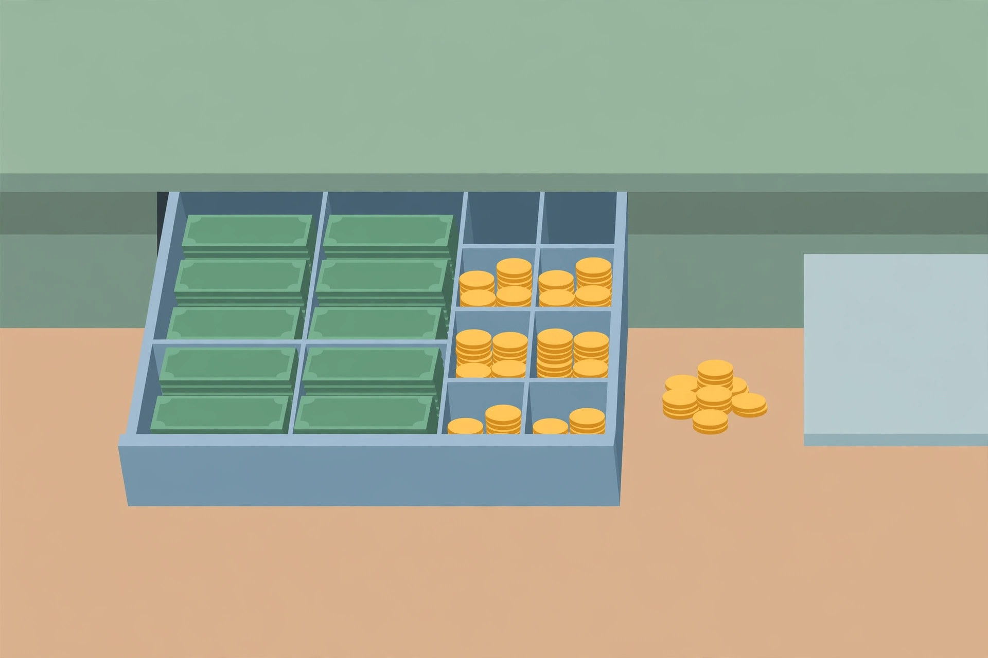 Open cash drawer with plain banknotes and coin stacks, a small pile of coins on the counter