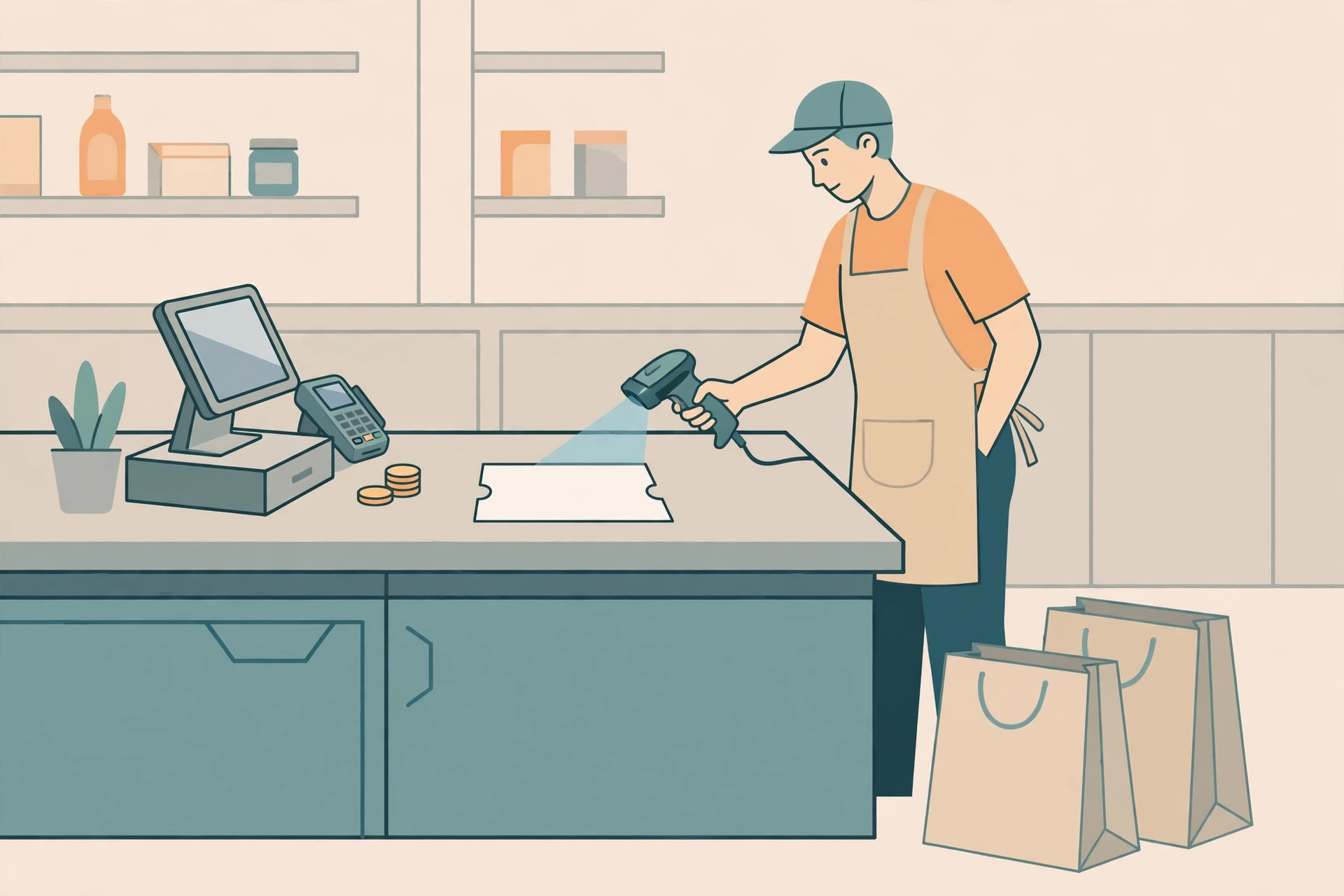 Cashier in an apron scanning a blank paper coupon on a checkout counter beside a POS terminal
