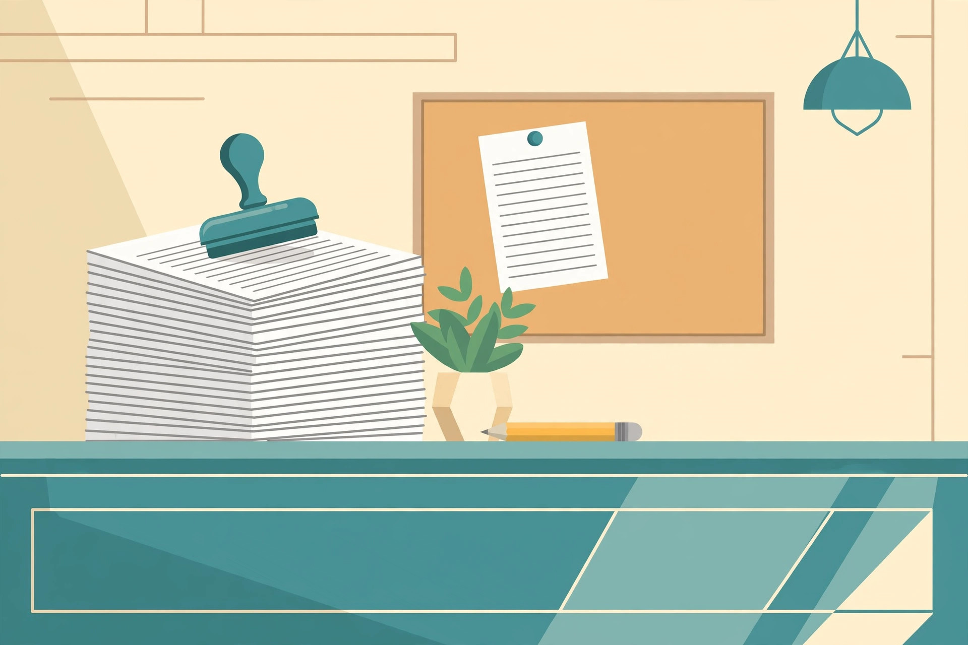 Tall stack of lined paper documents with a rubber stamp on top, a plant, and a document pinned to a corkboard