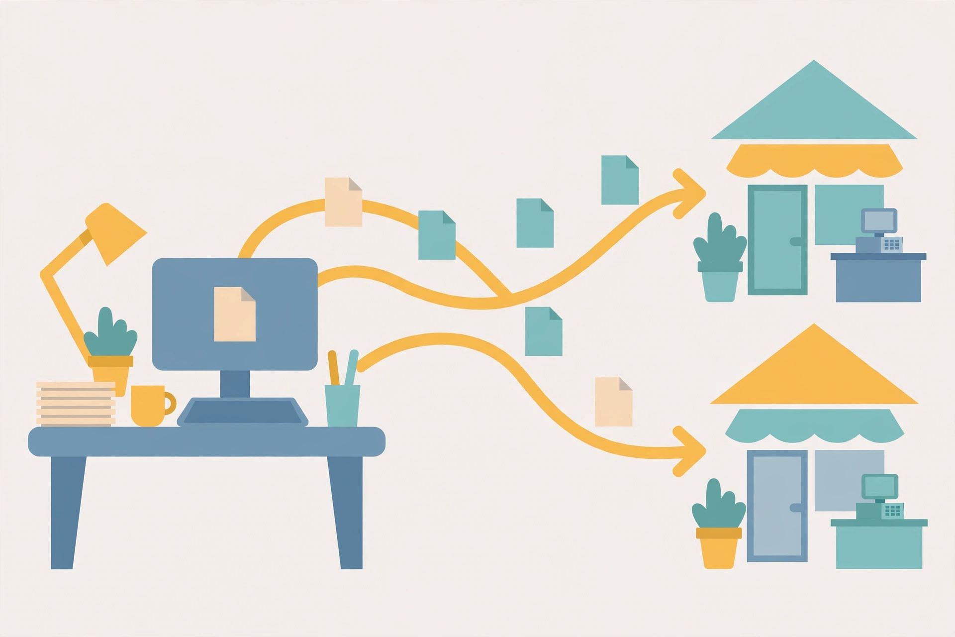 Flat illustration of documents flowing along arrows from a head-office desk computer to two small retail storefronts