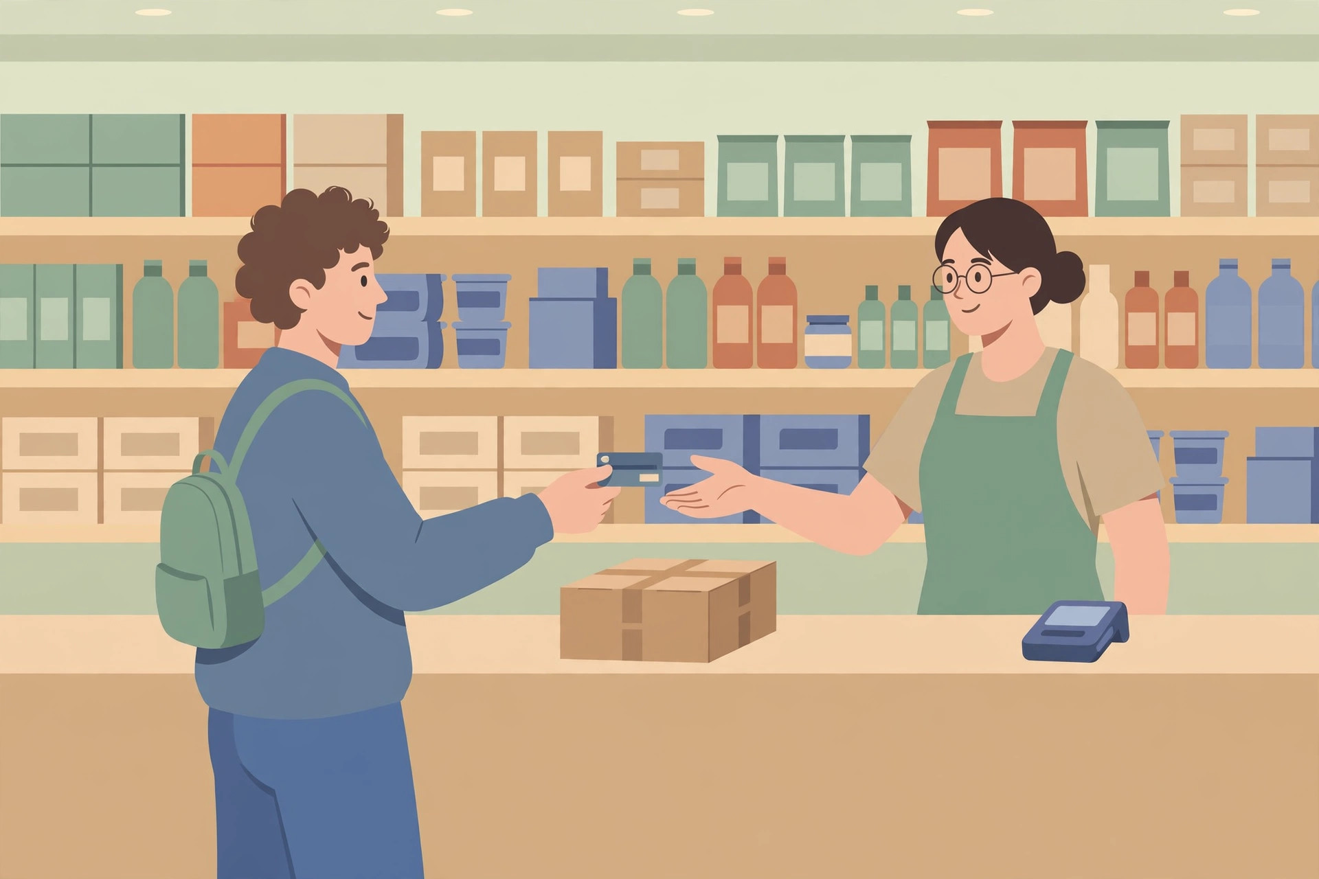 A customer handing a payment card to a cashier across a till counter with a boxed order between them