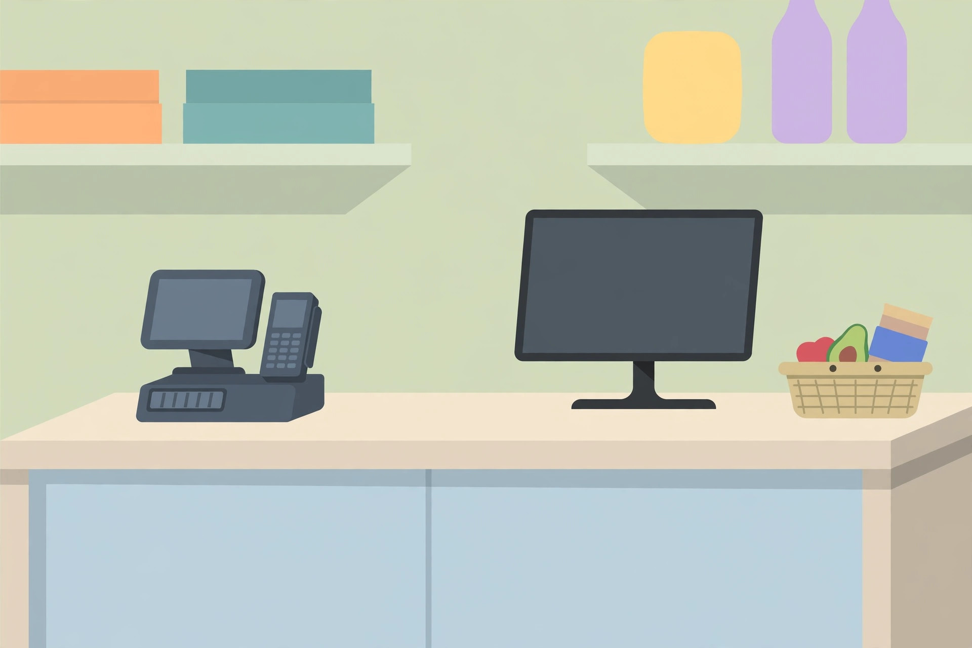 Checkout counter with a POS terminal, a large blank customer-facing screen and a basket of groceries