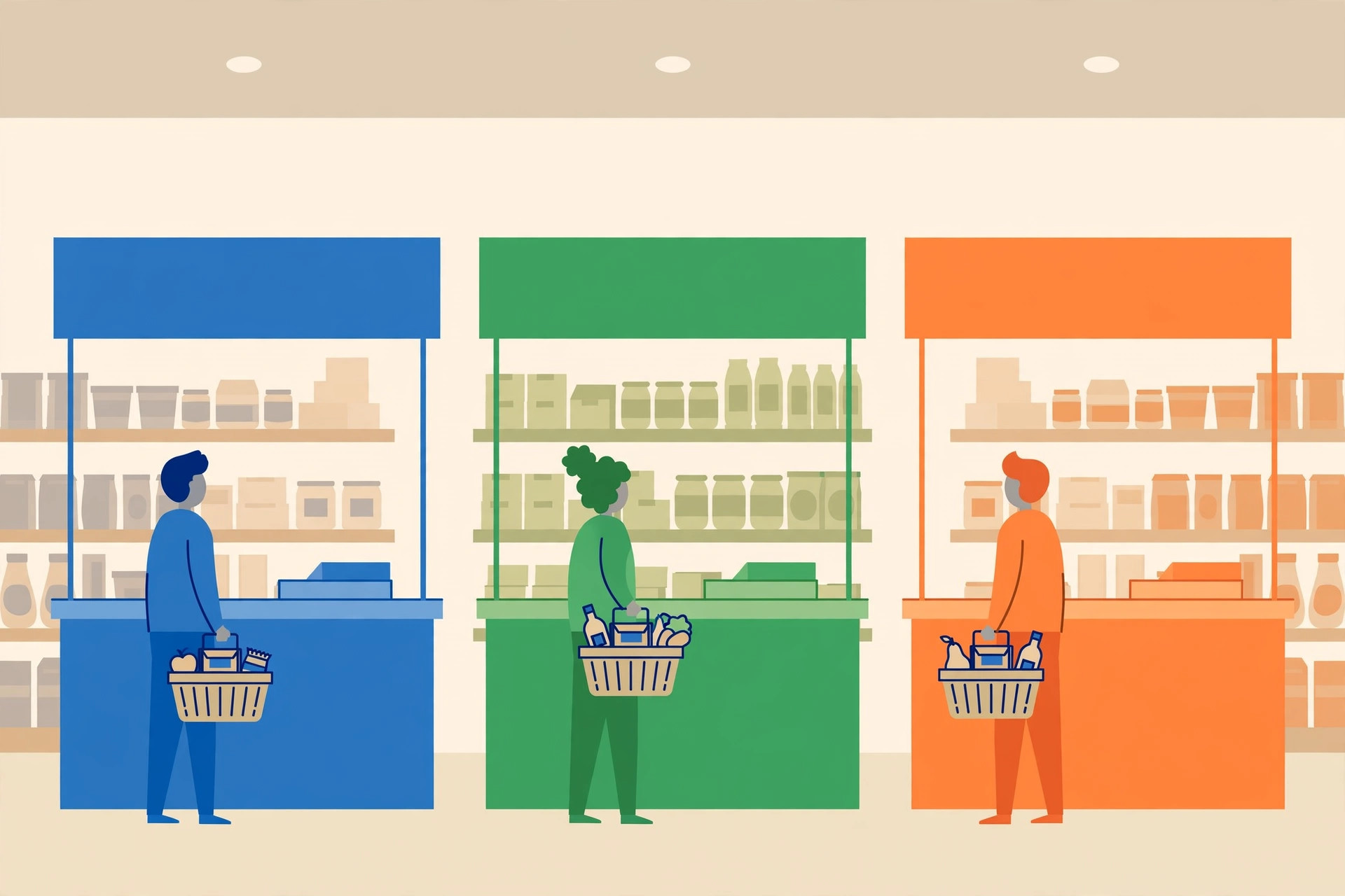 Three shoppers with baskets at blue, green and orange checkout counters in a small store