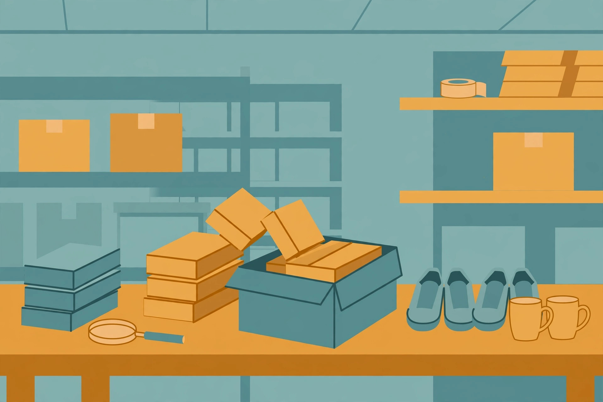 Stockroom table with boxes being sorted, a magnifying glass, an archive crate, and duplicate shoes and mugs