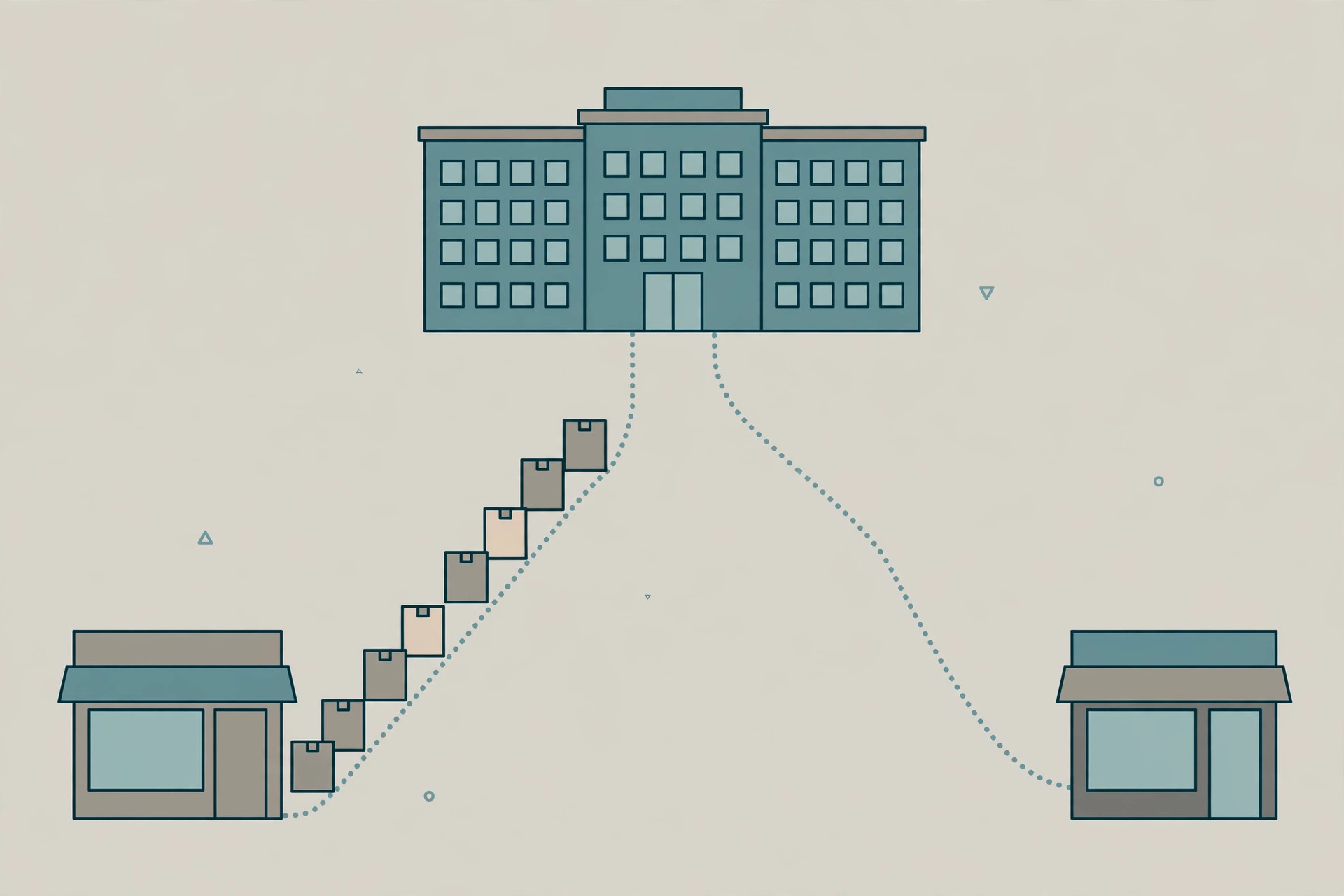 Head office building linked by dotted lines to two stores, parcels queued along one line and none along the other