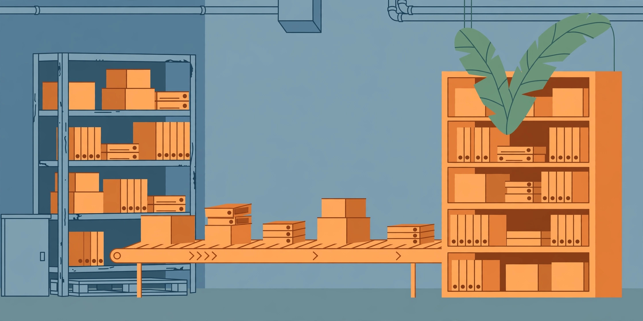 Boxes and binders moving on a conveyor from old grey shelves to bright new orange shelves