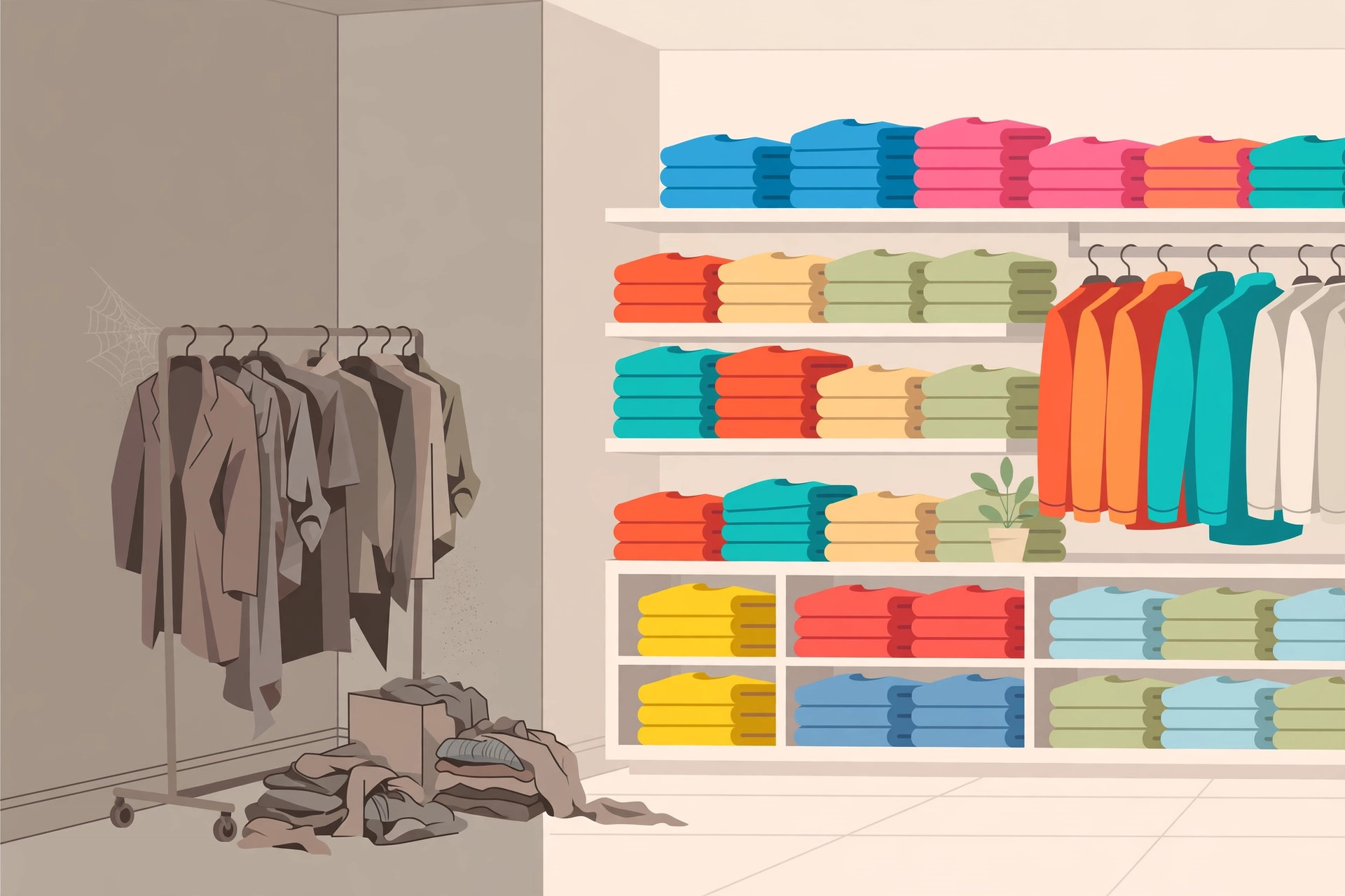 Neglected grey clothing rack with cobweb in a store corner beside bright shelves of neatly folded colourful garments