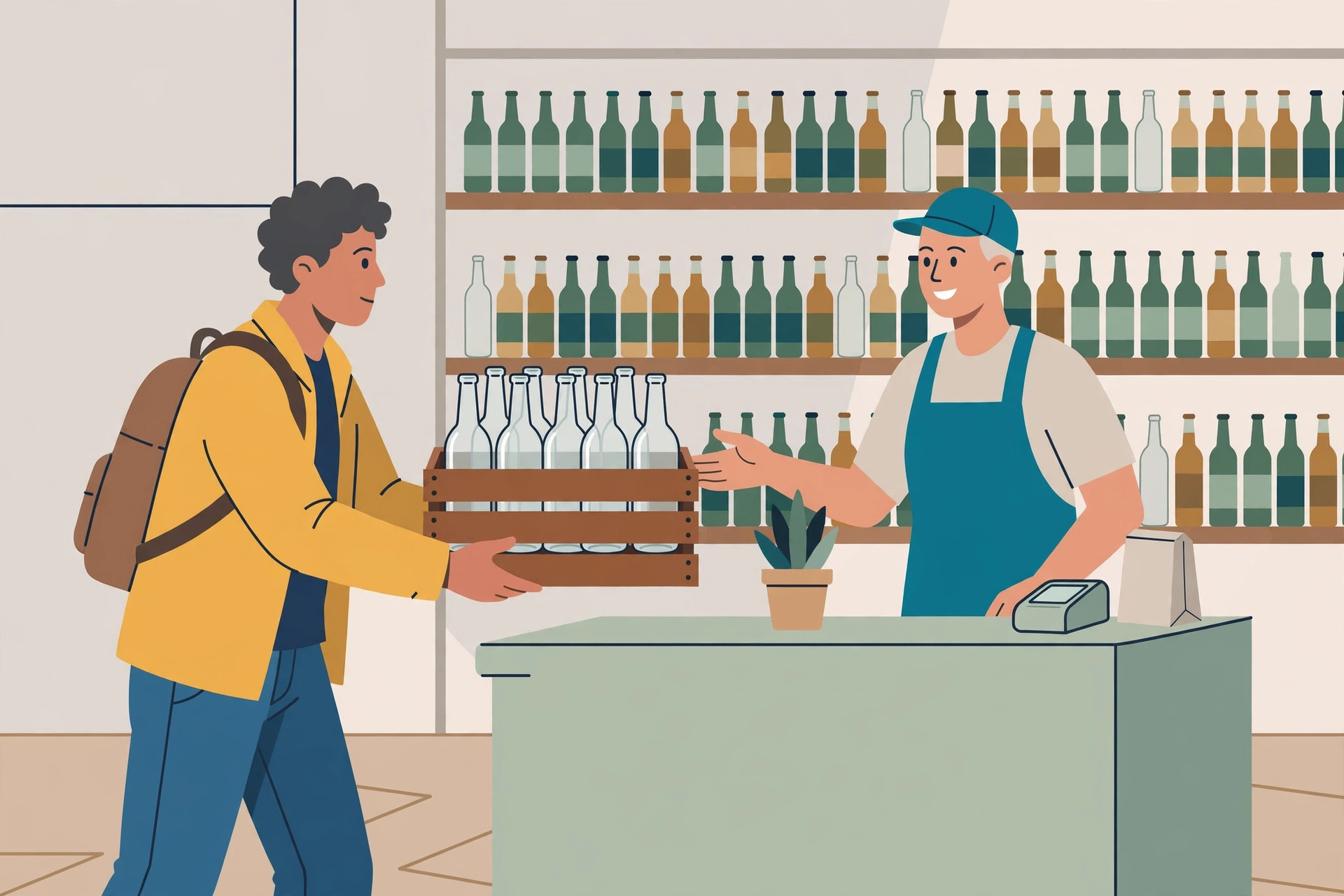 Customer handing a crate of empty glass bottles across a shop counter to a cashier, with shelves of bottles behind