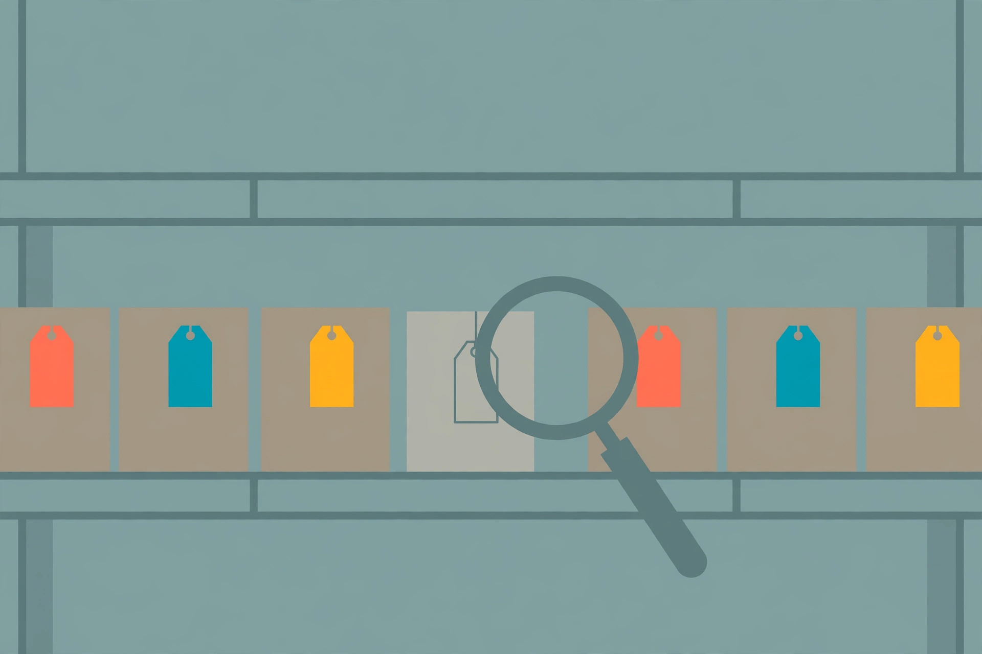 Shelf of boxes with colored blank tags; one box has an empty tag outline under a large magnifying glass