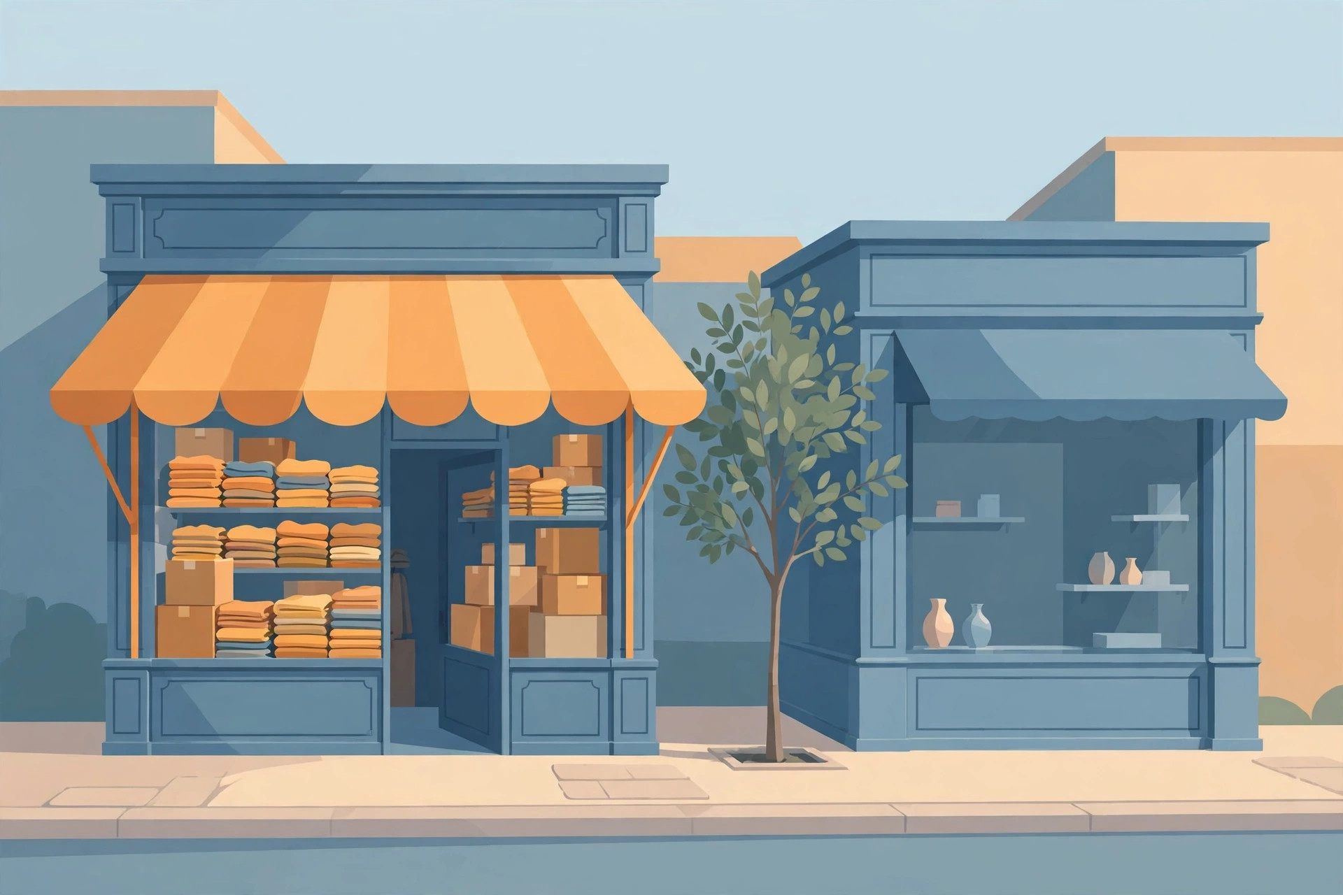 Two neighbouring storefronts, one full of folded goods and boxes, the other with sparse shelves, separated by a small tree