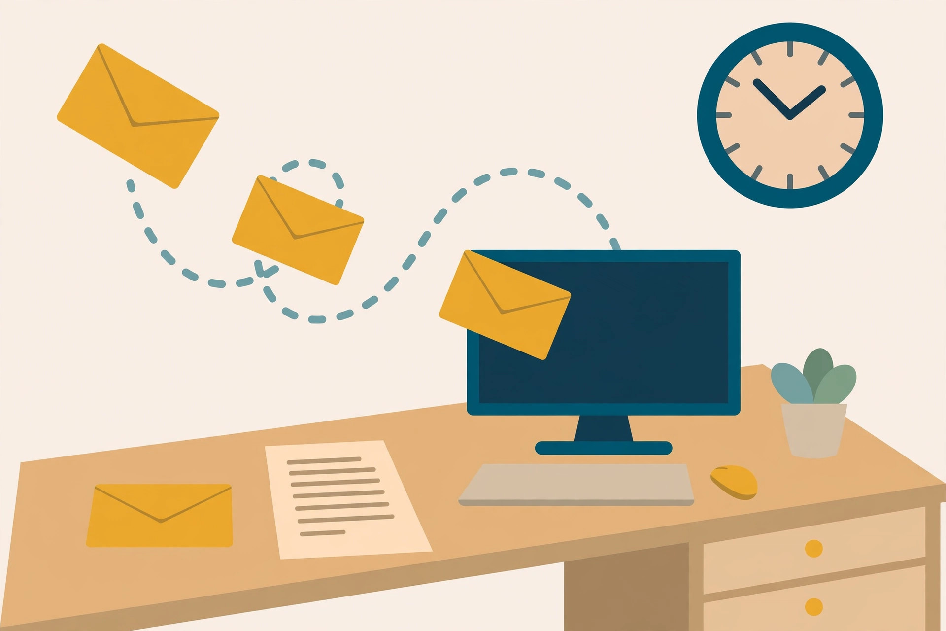 Back-office desk with a computer monitor, flying envelopes, a printed report sheet, and a wall clock
