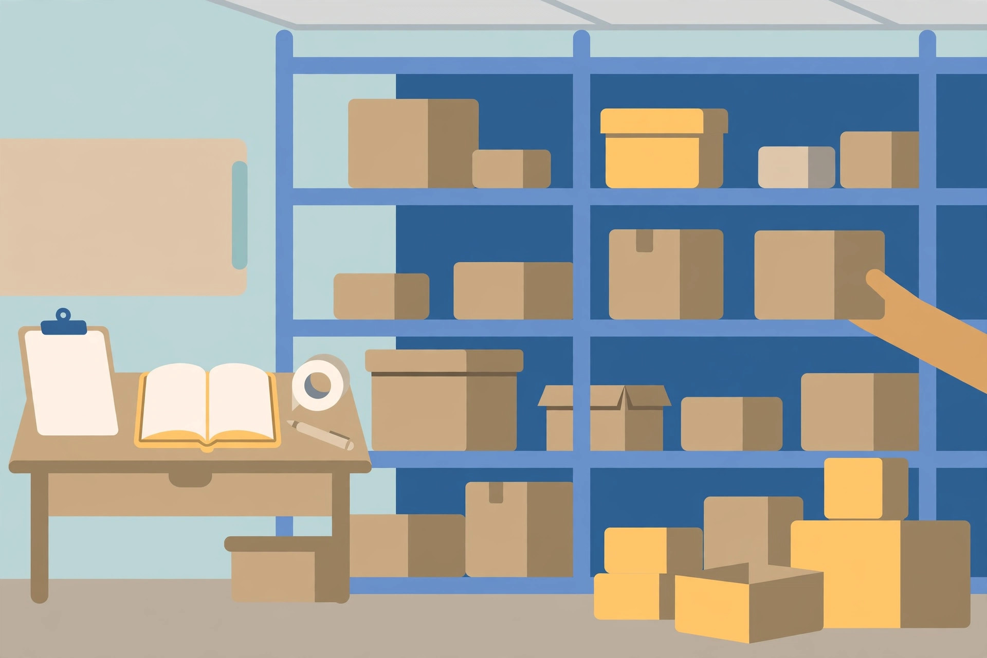 Stockroom shelving with cardboard boxes, a desk with a blank clipboard and open notebook, a box returned to a shelf