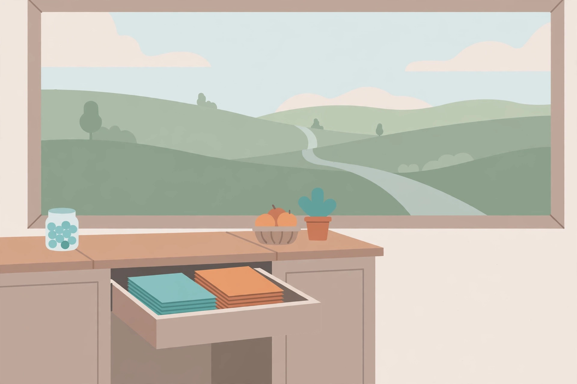 Open cash drawer holding two stacks of plain coloured notes under a shop window overlooking green hills