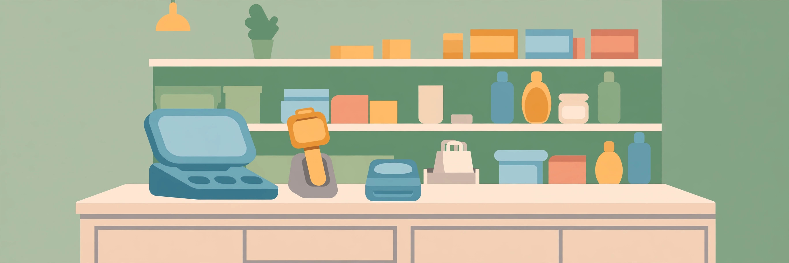 Checkout counter with a till terminal, handheld scanner and card reader, shelves of bottles and boxes behind