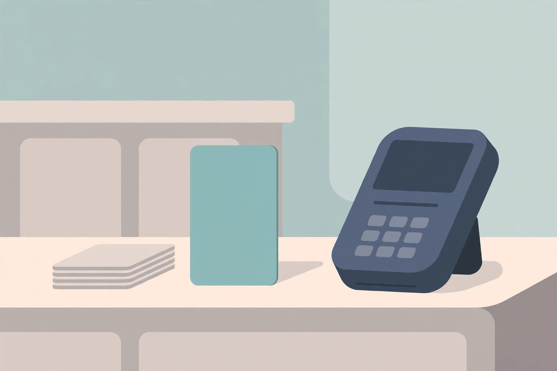 Flat illustration of a blank gift card standing on a checkout counter beside a payment terminal and a stack of cards