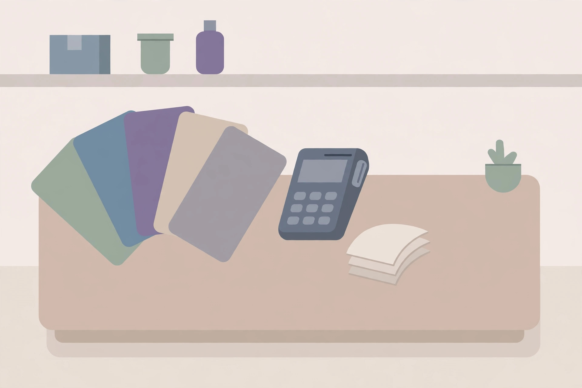 Fan of blank gift cards beside a payment terminal and receipts on a checkout counter