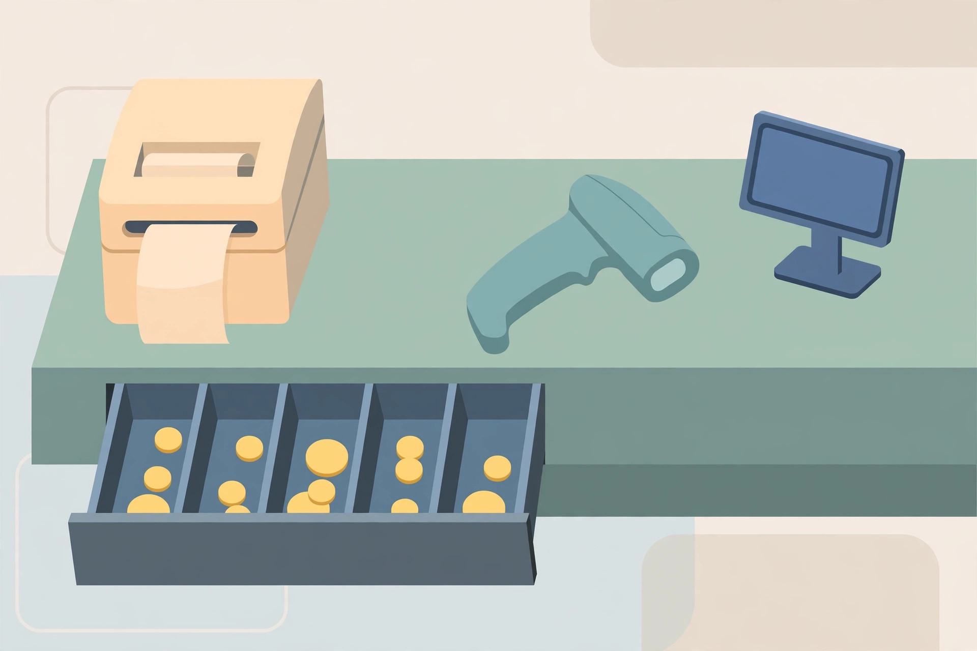 Counter with receipt printer, barcode scanner, customer display and open cash drawer with coins