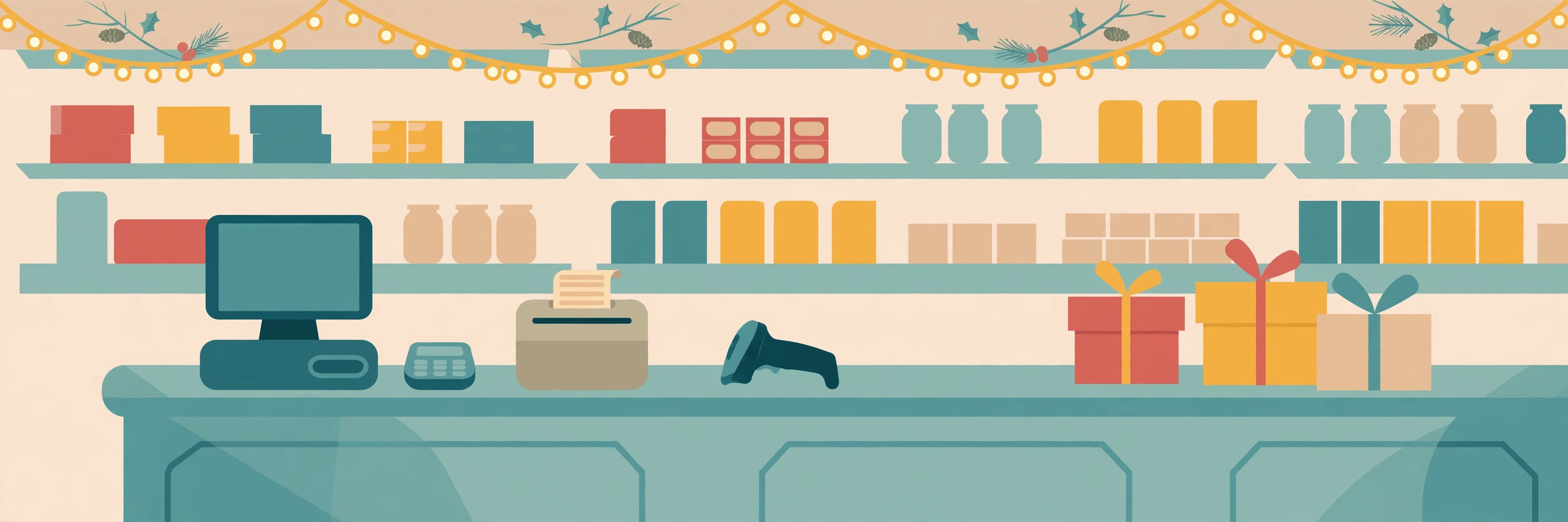 Checkout counter with POS terminal, receipt printer, scanner and gift boxes under holiday lights
