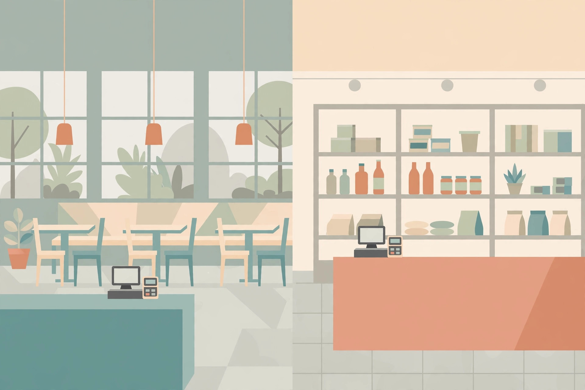 Dining tables with a till on the left, retail shelves and a checkout counter on the right, in flat pastel illustration