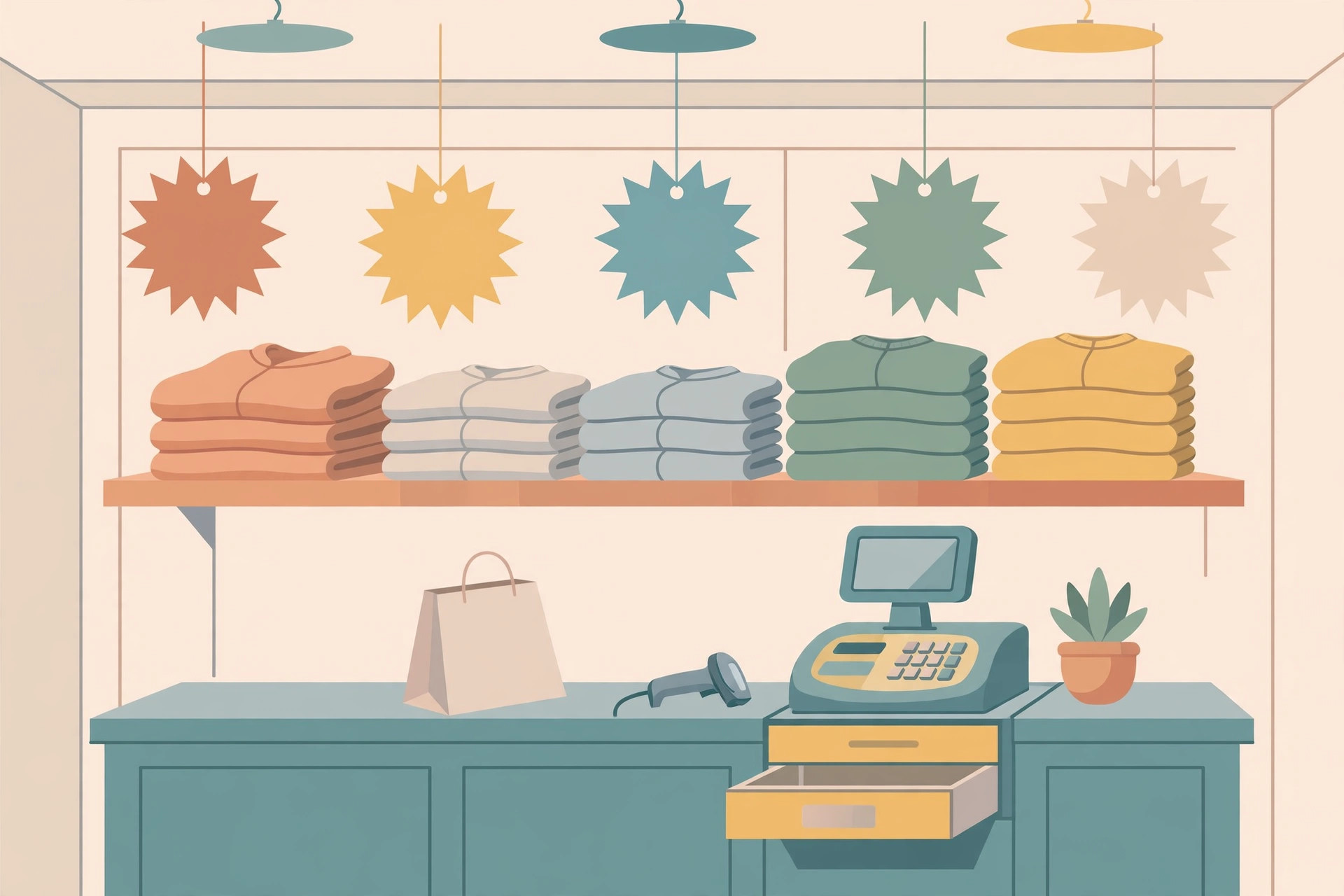 Shelf of folded clothing under blank colored starburst sale tags, with a checkout counter and till in the foreground