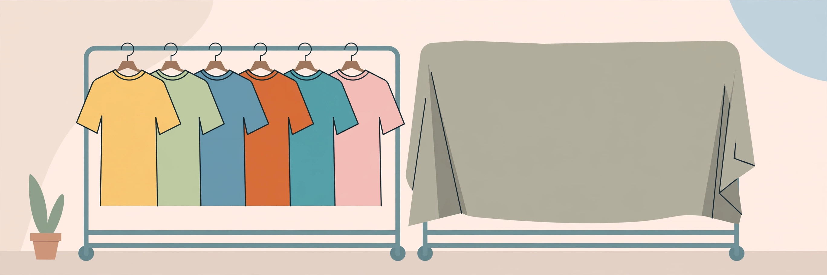 Clothing rack holding the same shirt in six colours beside a second rack covered by a plain cloth