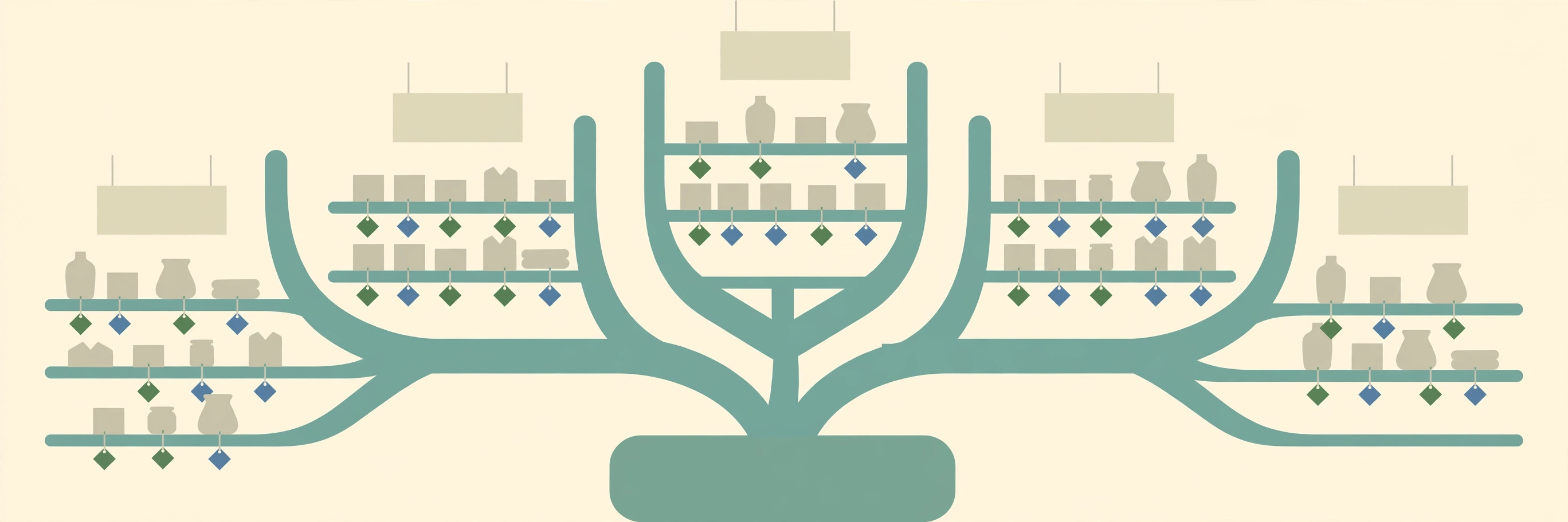 Branching tree of store shelves holding simple merchandise with green and blue hanging tags and blank signs