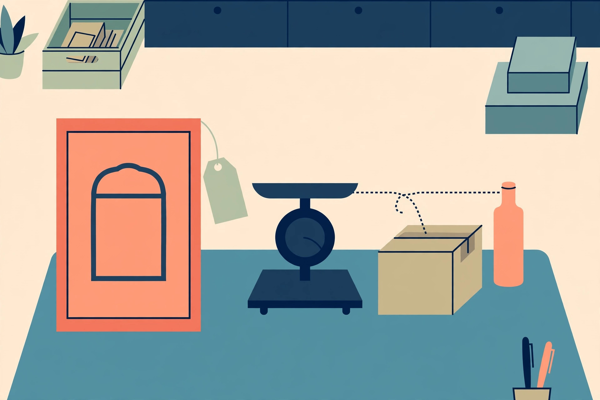 Desk with a large orange product card and blank price tag, a weighing scale, a cardboard box and a bottle