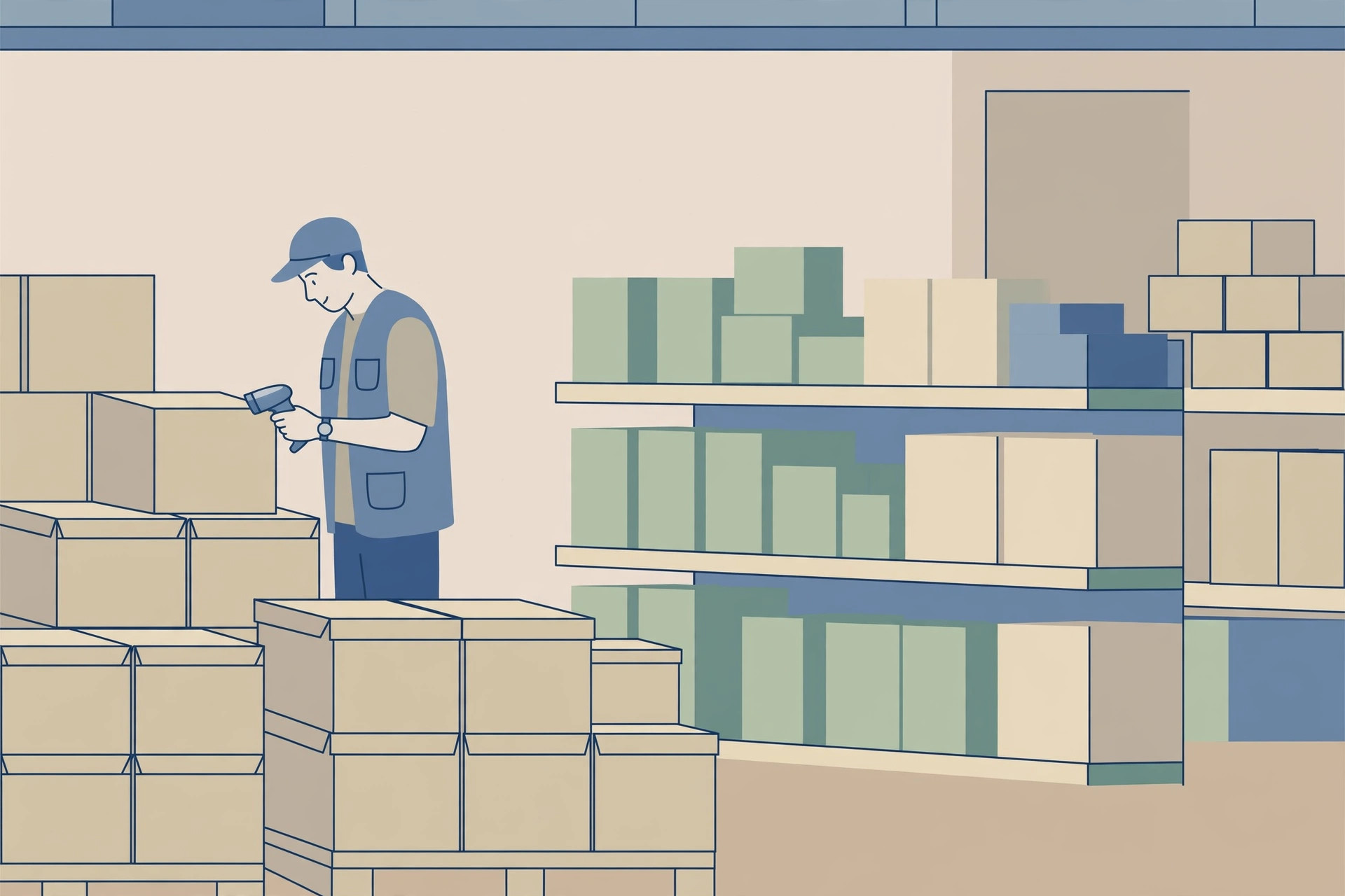 Store worker scanning a plain box among stacked cartons and stocked shelves in a receiving area