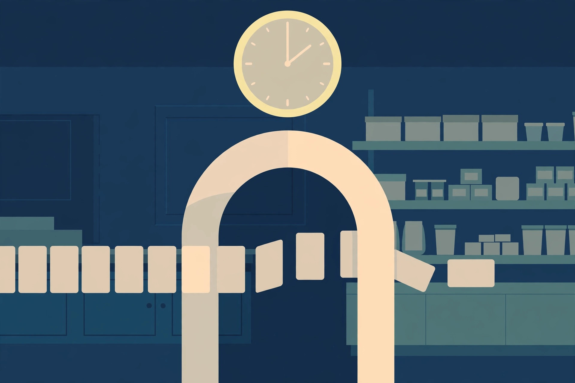 A line of plain task cards passing one by one through an arch under a wall clock, with shop shelves behind