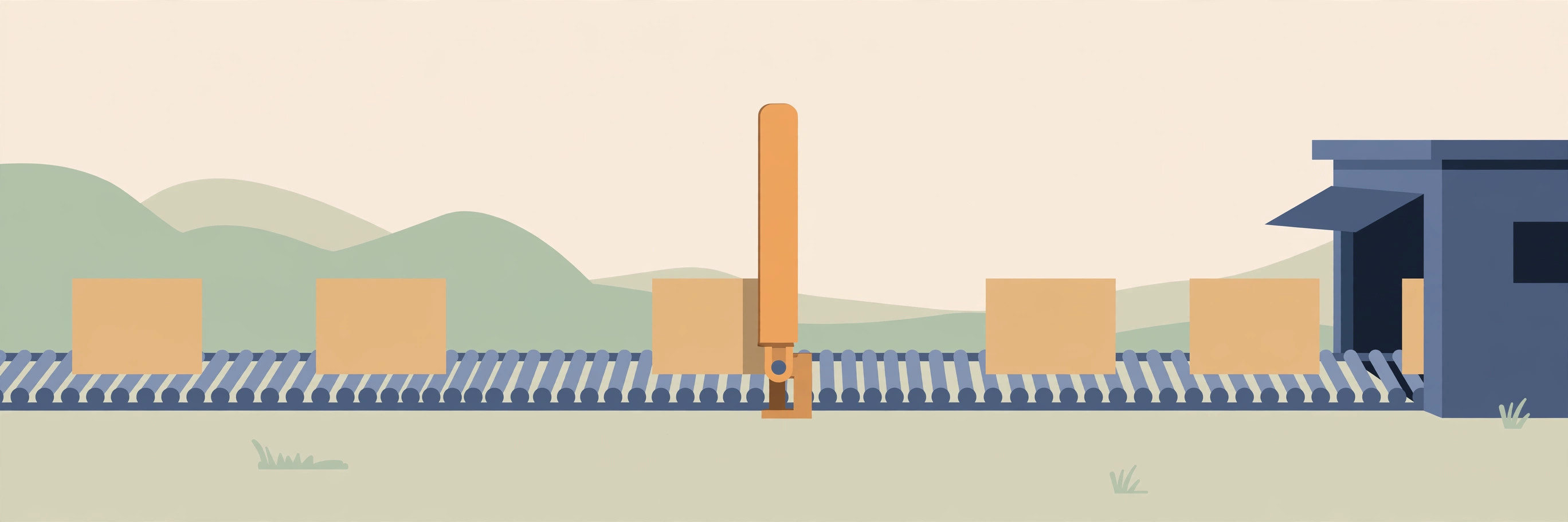 Cardboard boxes on a roller conveyor, one box stopped at a raised orange barrier while others continue