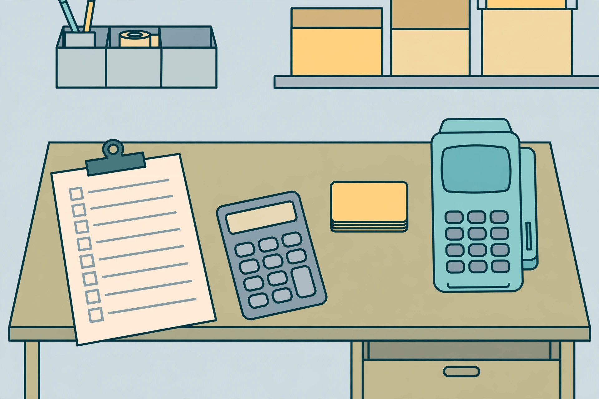 Back-office desk with a clipboard checklist, calculator, stack of blank loyalty cards, and a card payment terminal