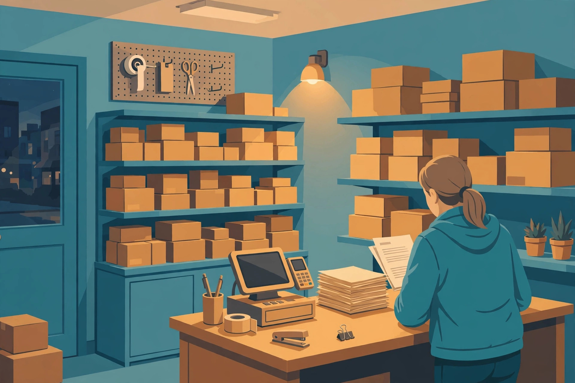 Store back office at closing time with stacked day-end report papers, a POS terminal, and shelves of boxed stock
