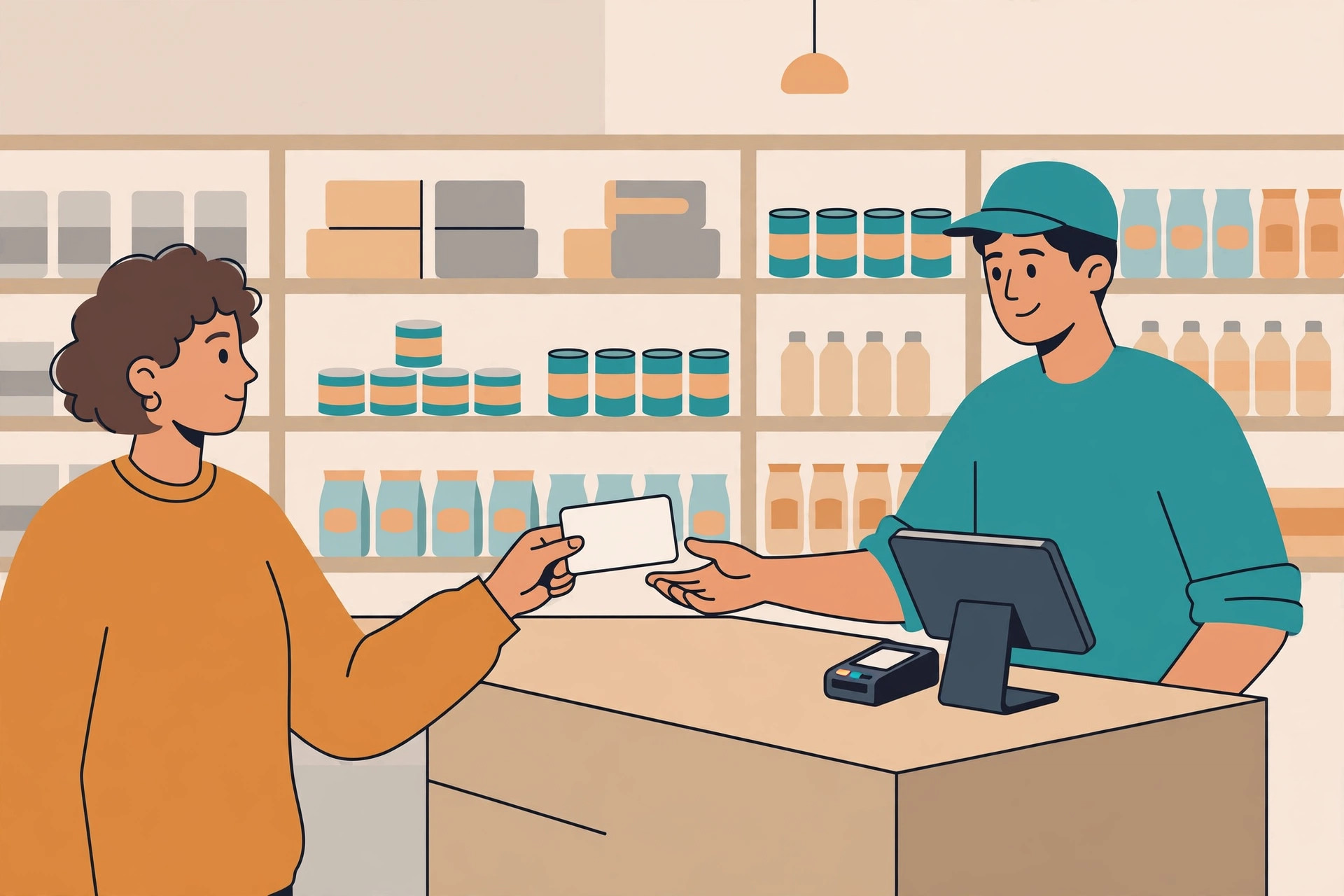 Customer handing a blank white card to a cashier at a checkout counter with stocked shelves behind