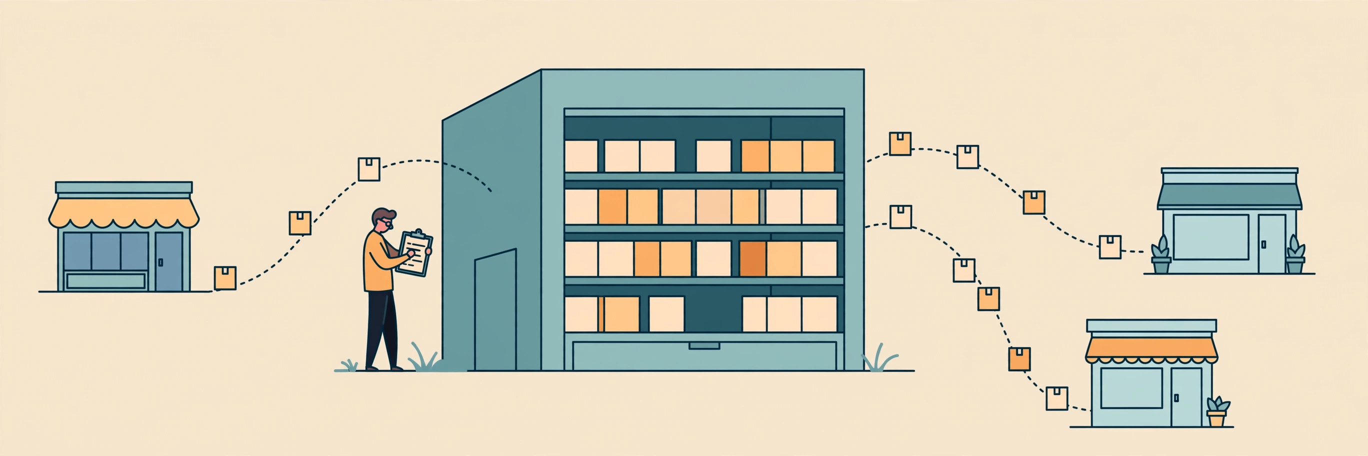 Warehouse shelves of boxes sending goods along dotted paths to three small shops, with a buyer holding a clipboard