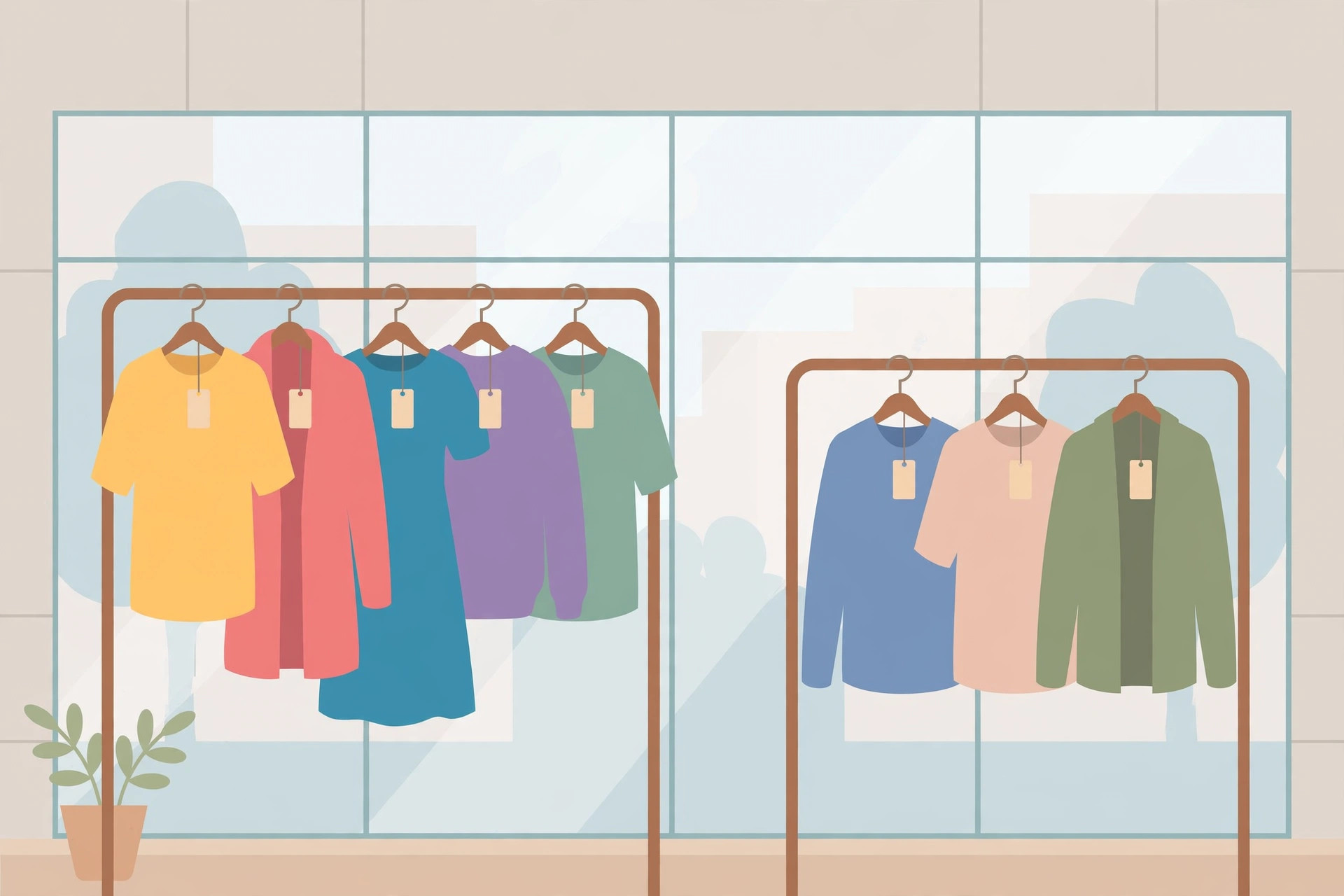 Two clothing racks with blank-tagged garments in front of a bright store window
