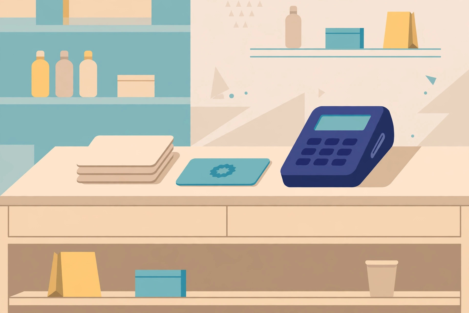 Flat illustration of a store counter with a payment terminal, a teal loyalty card, and a stack of blank cards