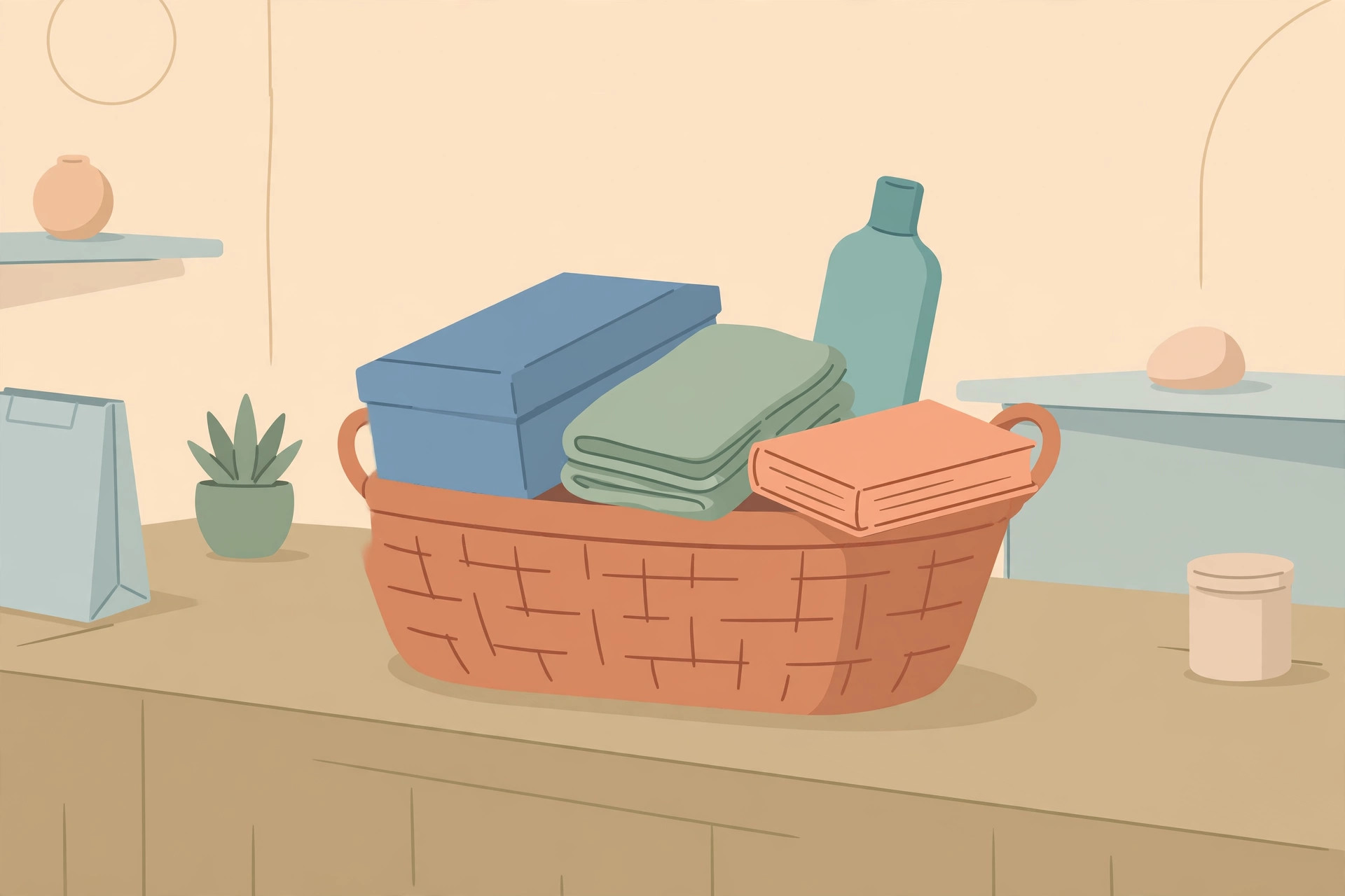 Woven basket on a store counter holding a shoe box, folded shirt, bottle, and book