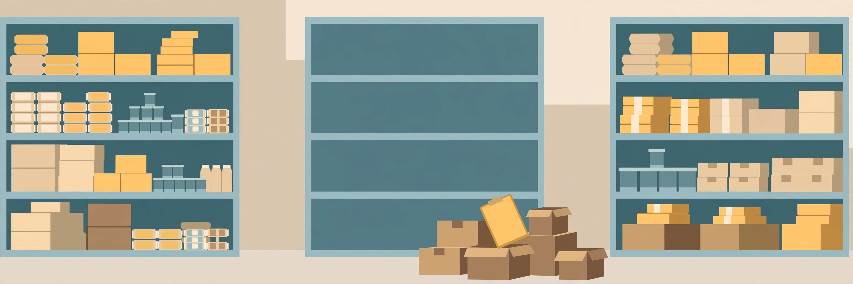 Stockroom shelves full of boxes on both sides, one completely empty shelving unit in the middle, boxes and clipboard on floor