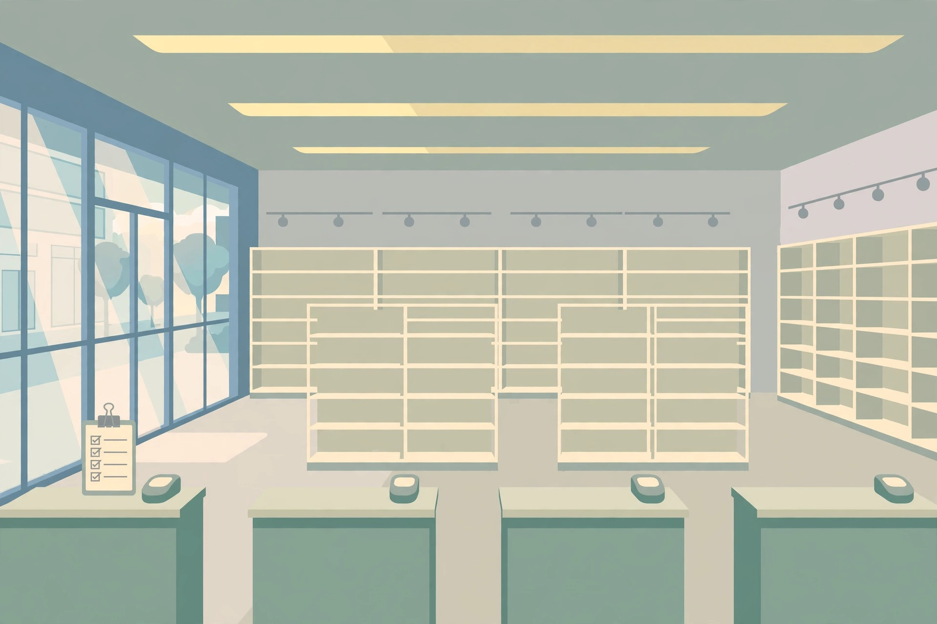 Empty new retail store with shelving, checkout counters and a checklist clipboard on the counter