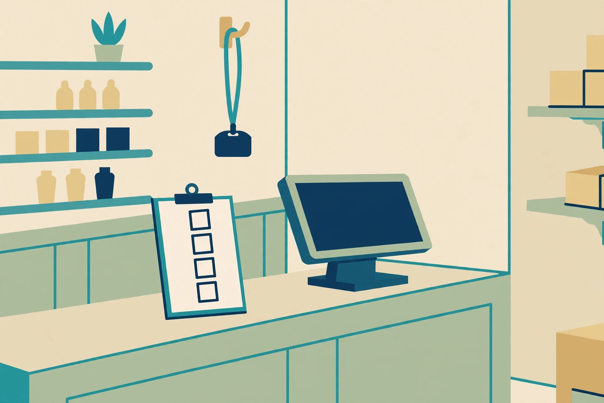 Checkout counter with a blank-screen POS terminal, a clipboard with empty checkboxes, and a staff badge on a lanyard