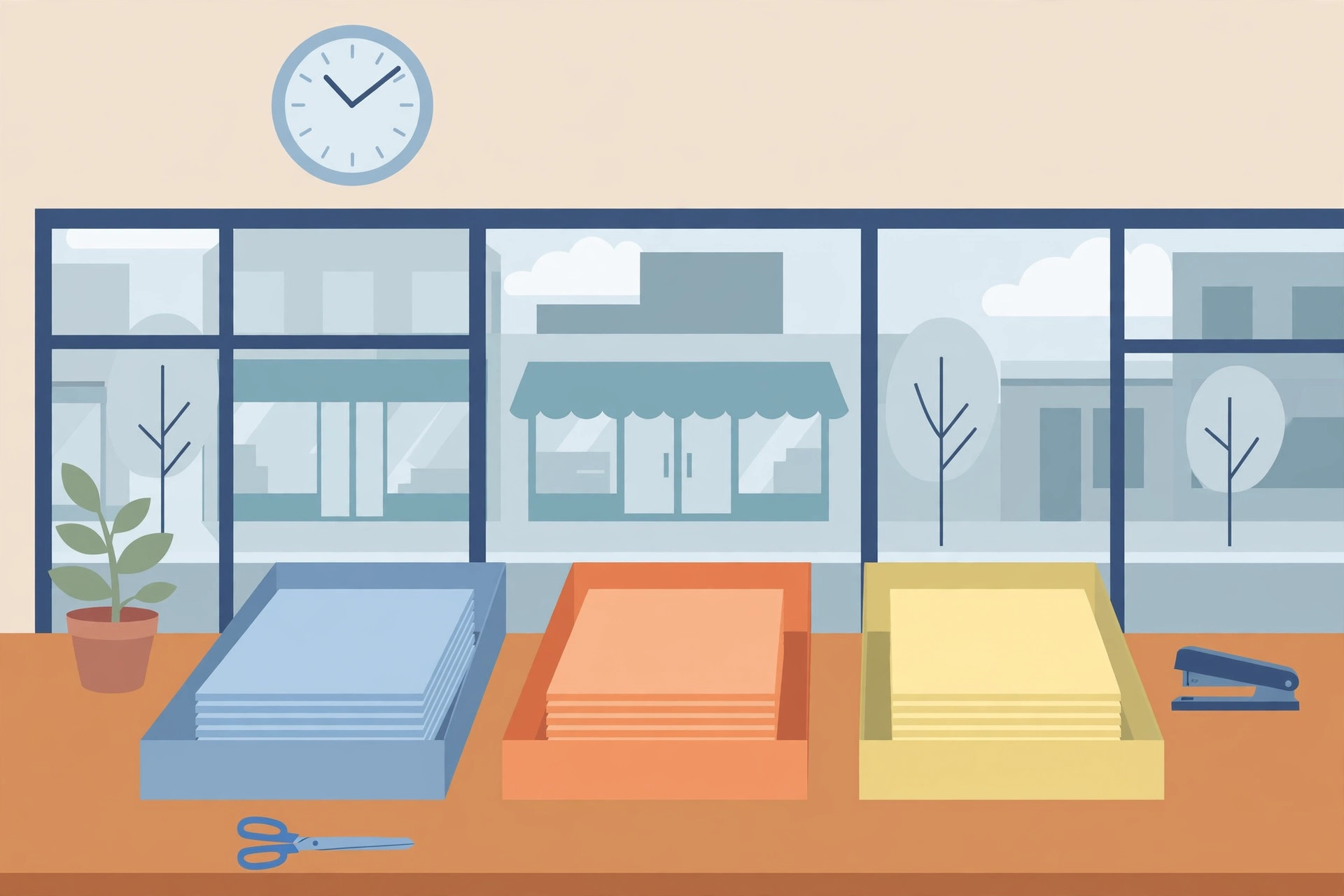 Three document trays in blue, orange and yellow holding blank paper stacks on a desk by a storefront window